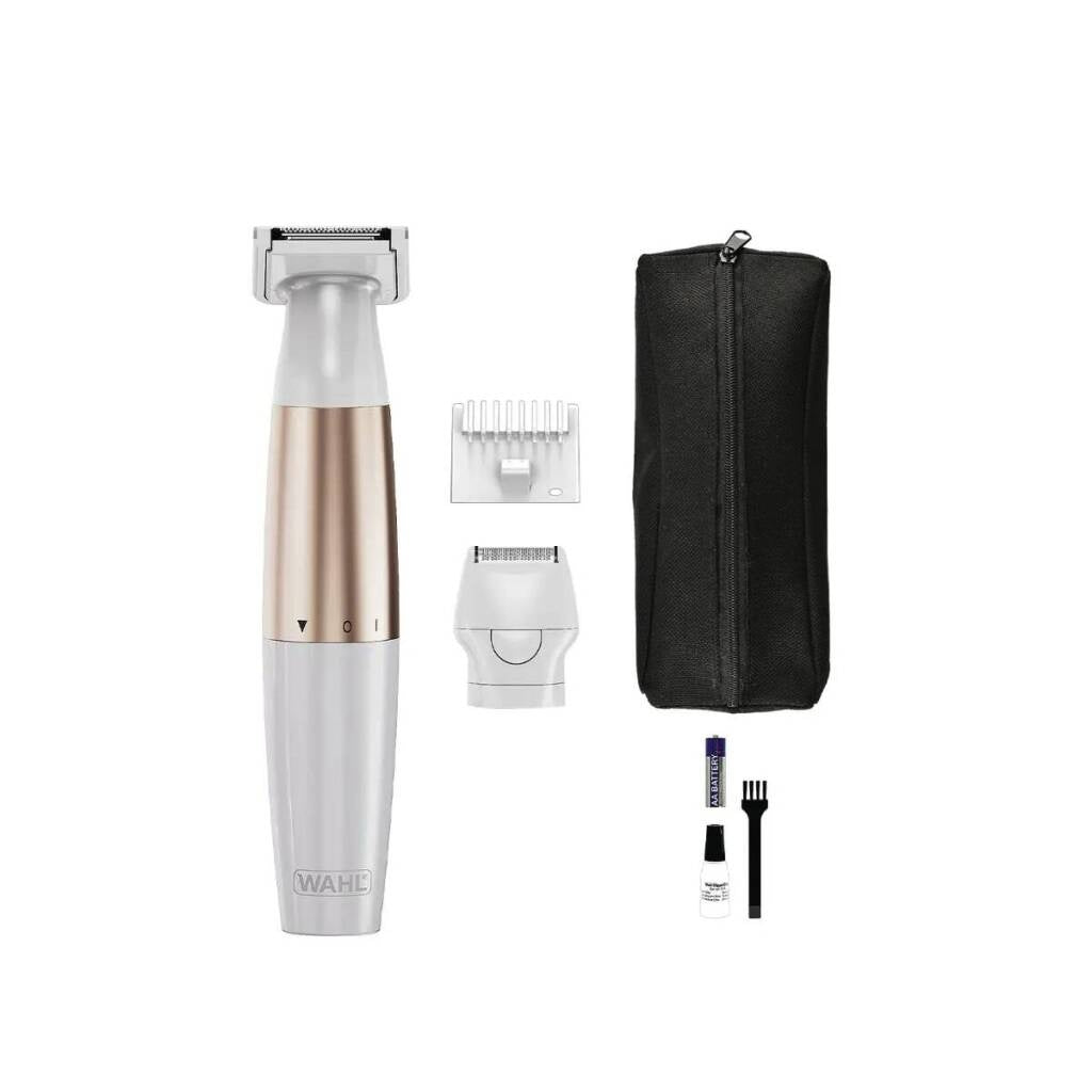 Un rifinitore bianco con accento dorato, accessori, pochette, batteria e spazzola.