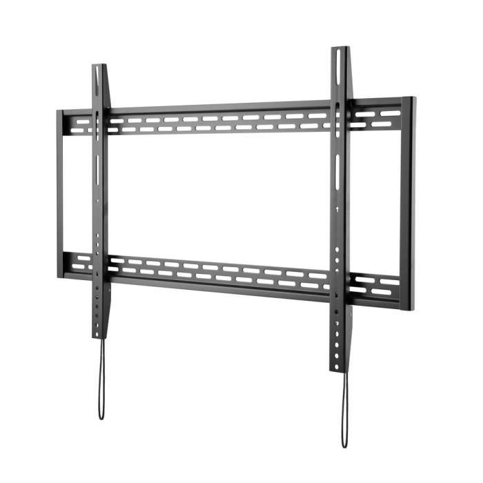 Un supporto da parete TV in metallo nero con molti fori.