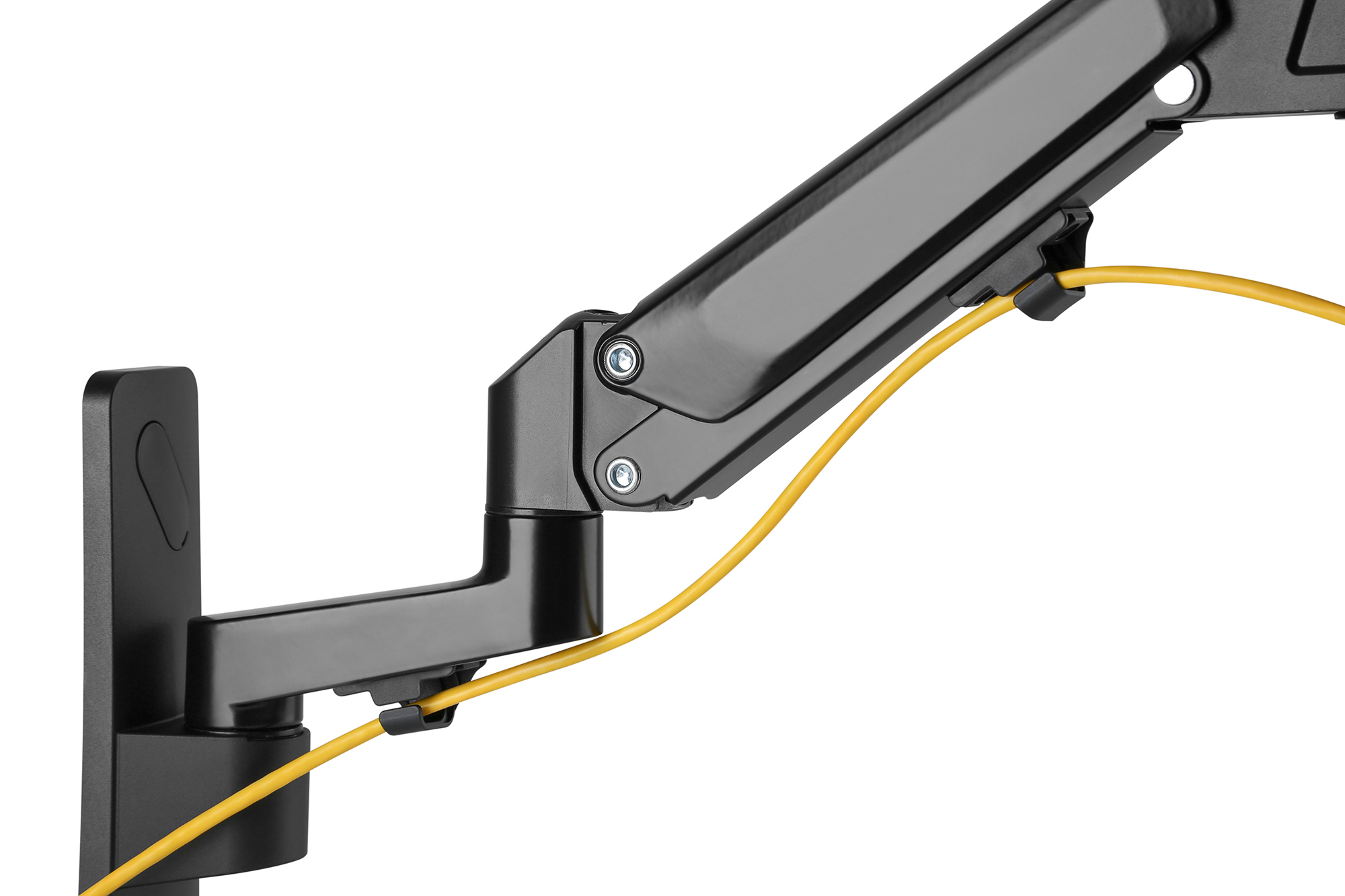 Braccio monitor nero con cavo giallo su sfondo bianco.
