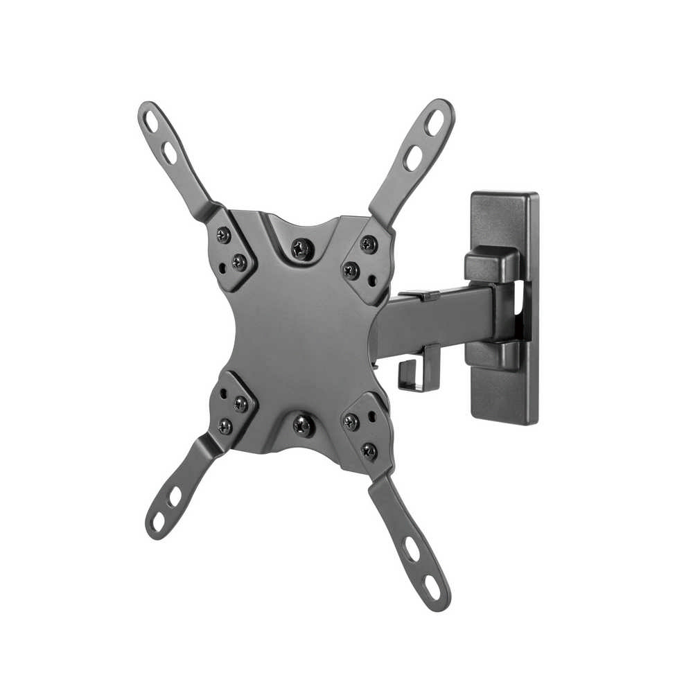 Supporto da parete TV grigio regolabile con braccio articolato.