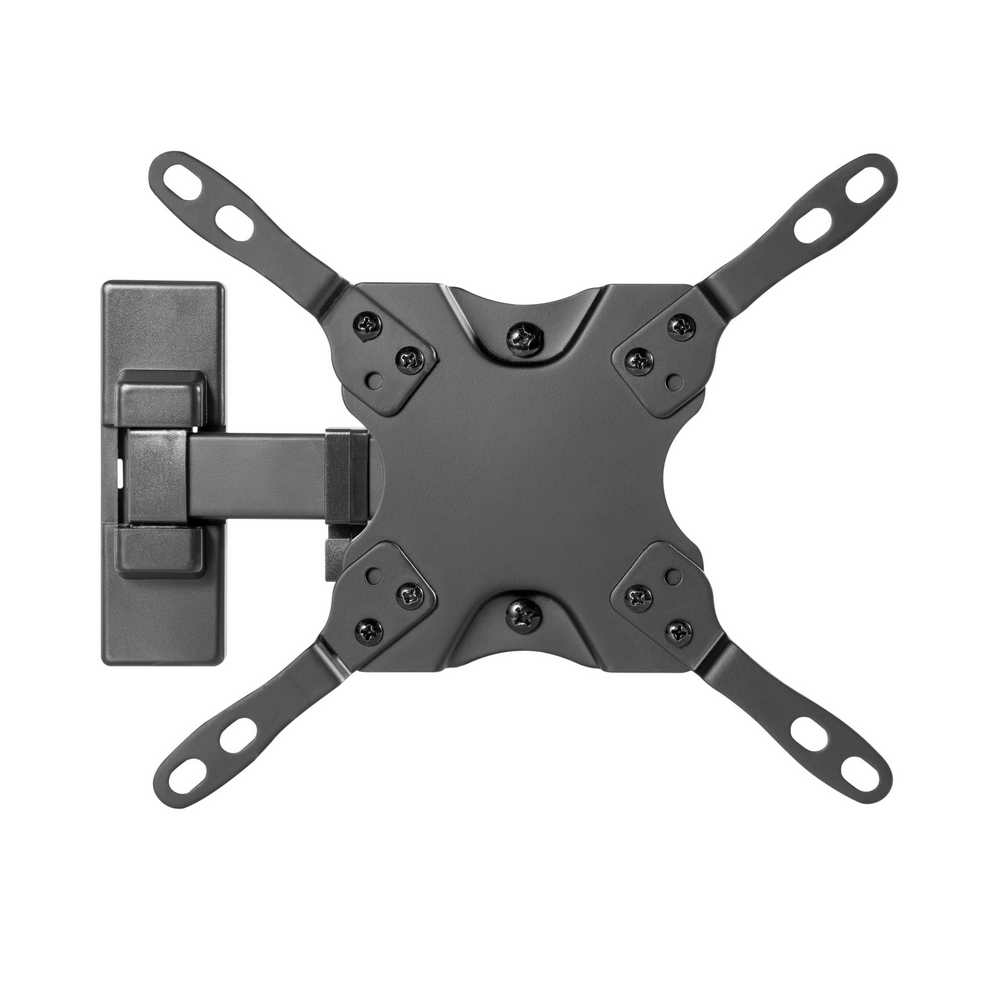 Un supporto da parete per TV nero con bracci regolabili, su sfondo bianco.