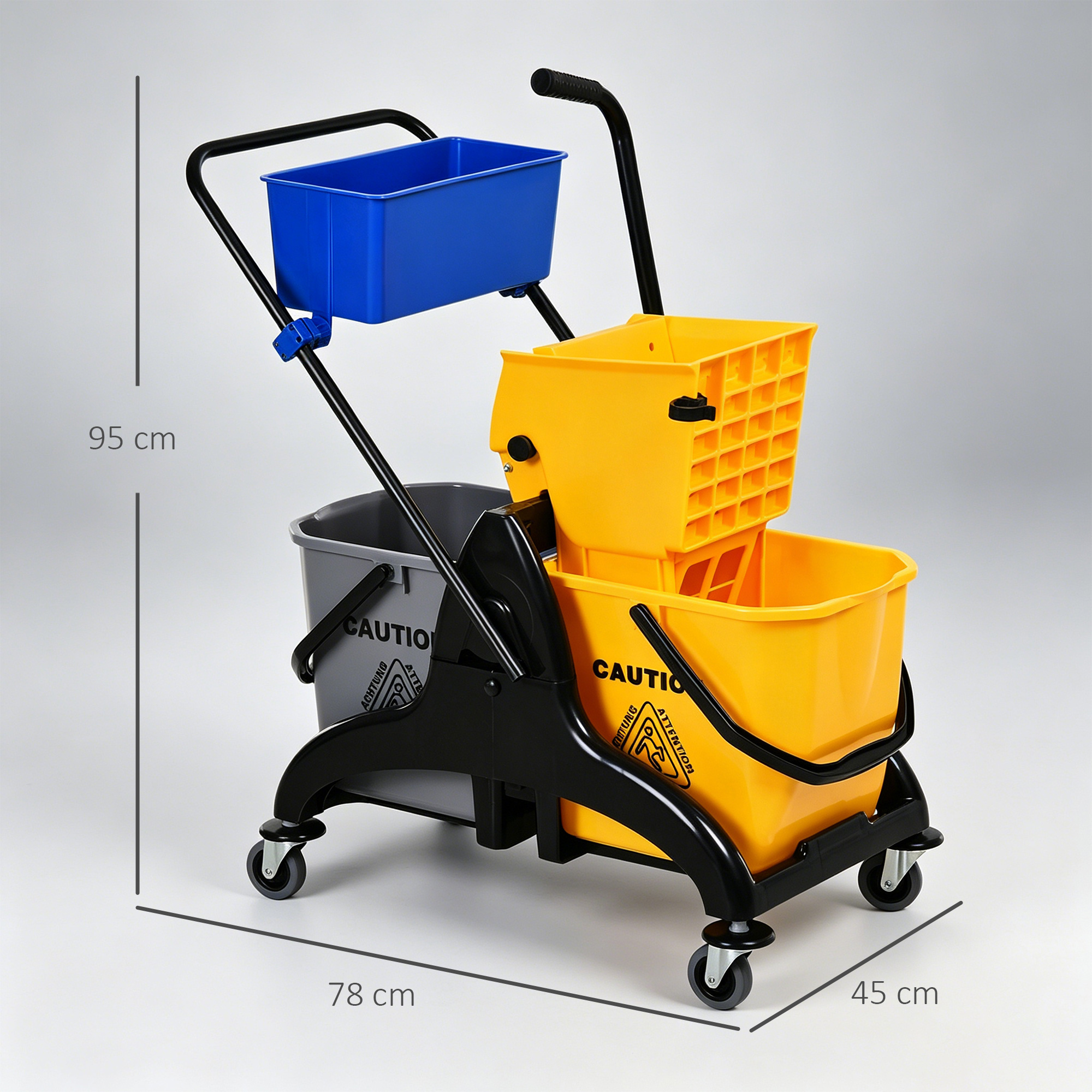 Un carro de limpieza amarillo con un cubo azul, un cubo gris y dos cubos amarillos.