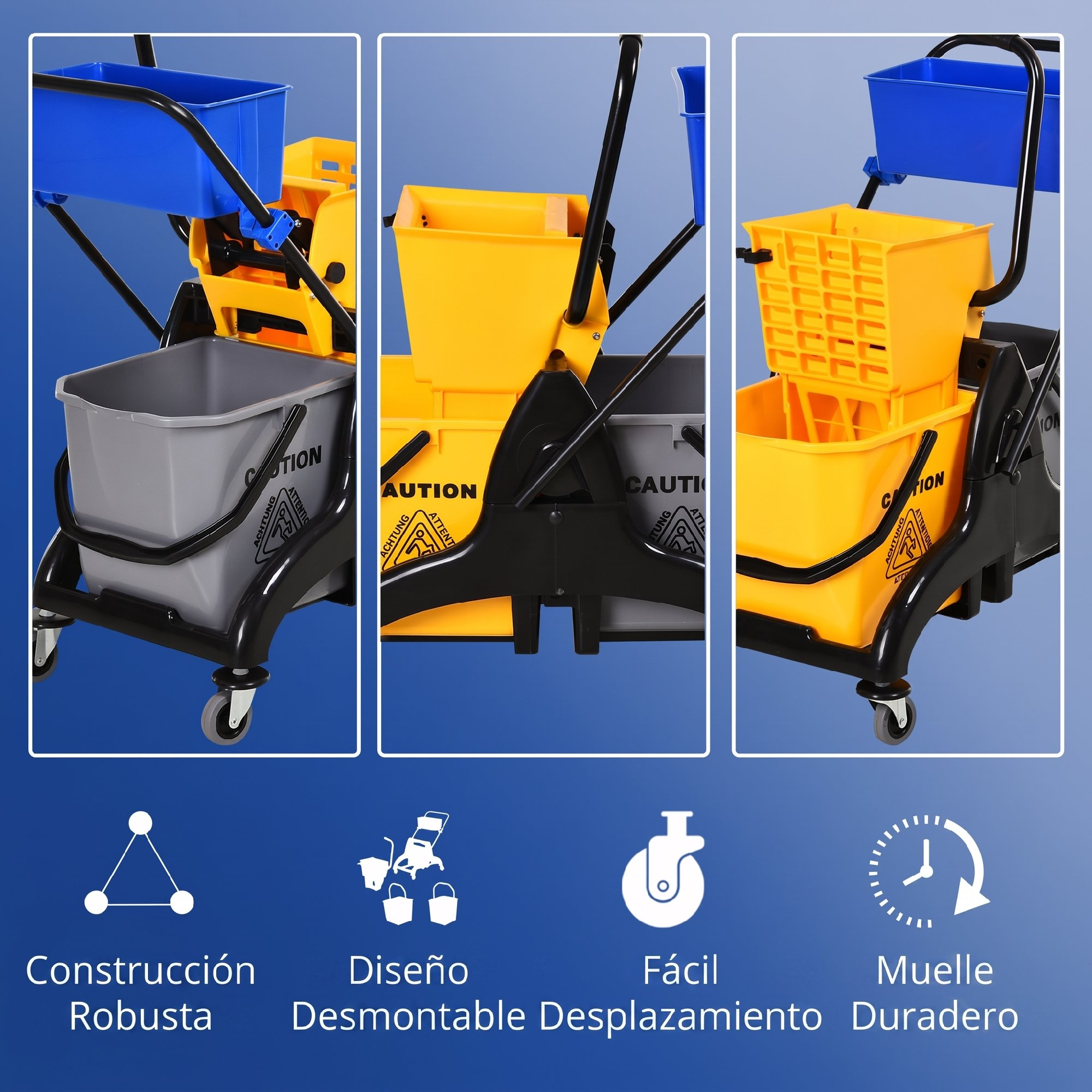 Un carro de limpieza con cubos amarillos y grises y un contenedor azul.