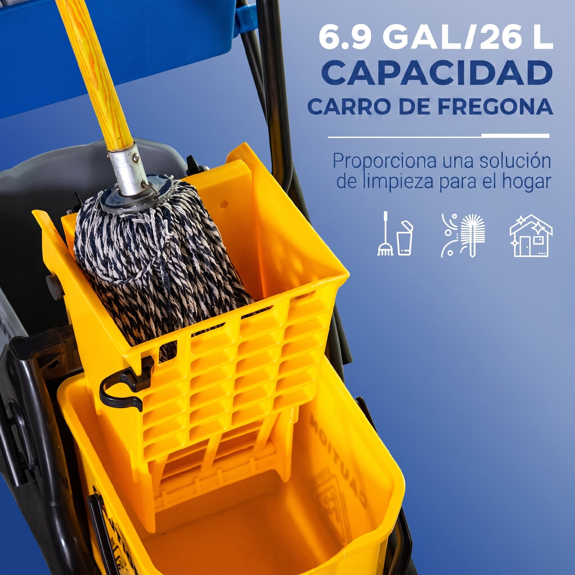 Un cubo de fregona amarillo con asa azul y una fregona.