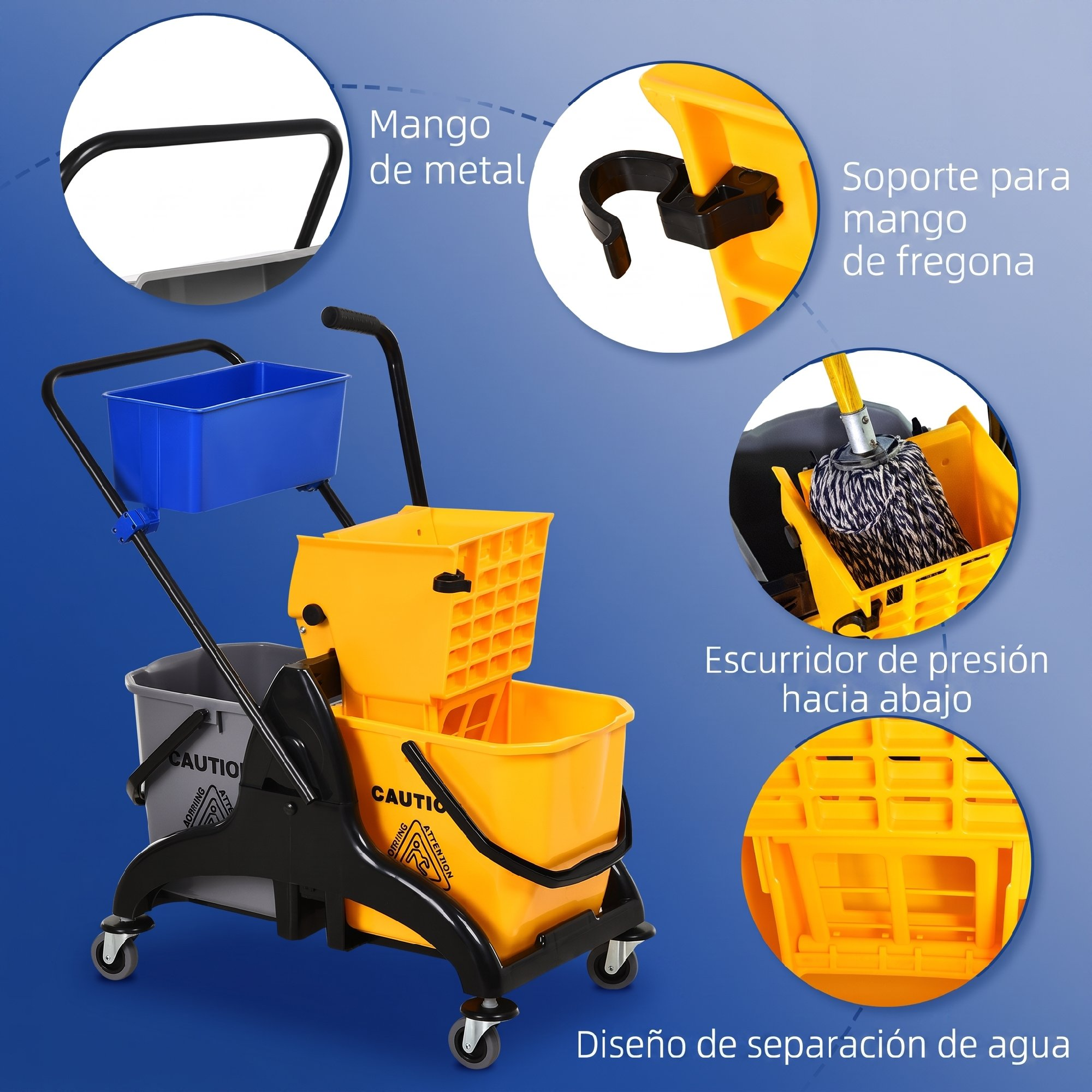Un carro de limpieza con cubos amarillo y gris, un contenedor azul y una fregona.
