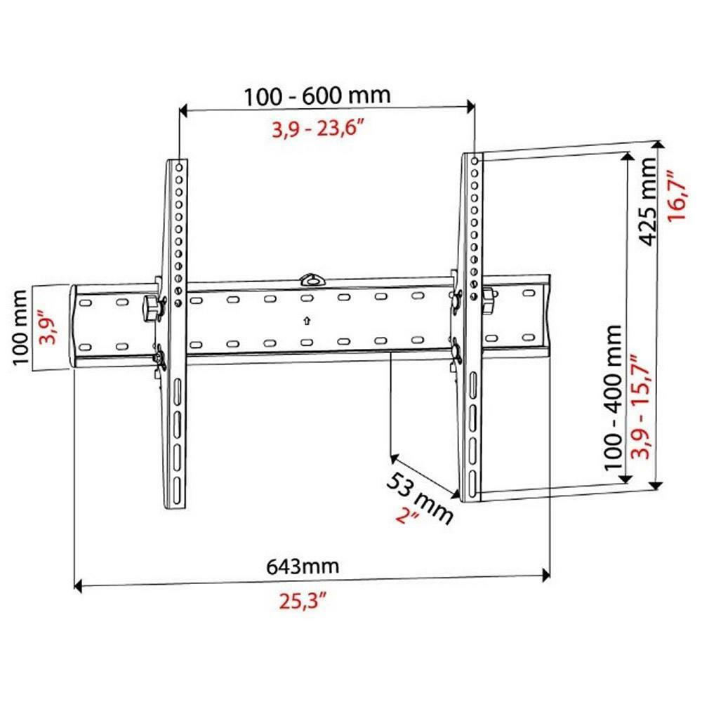 Diagramma mostra dimensioni supporto TV a muro: 100-600mm larghezza, 100-400mm altezza, 425mm altezza max.