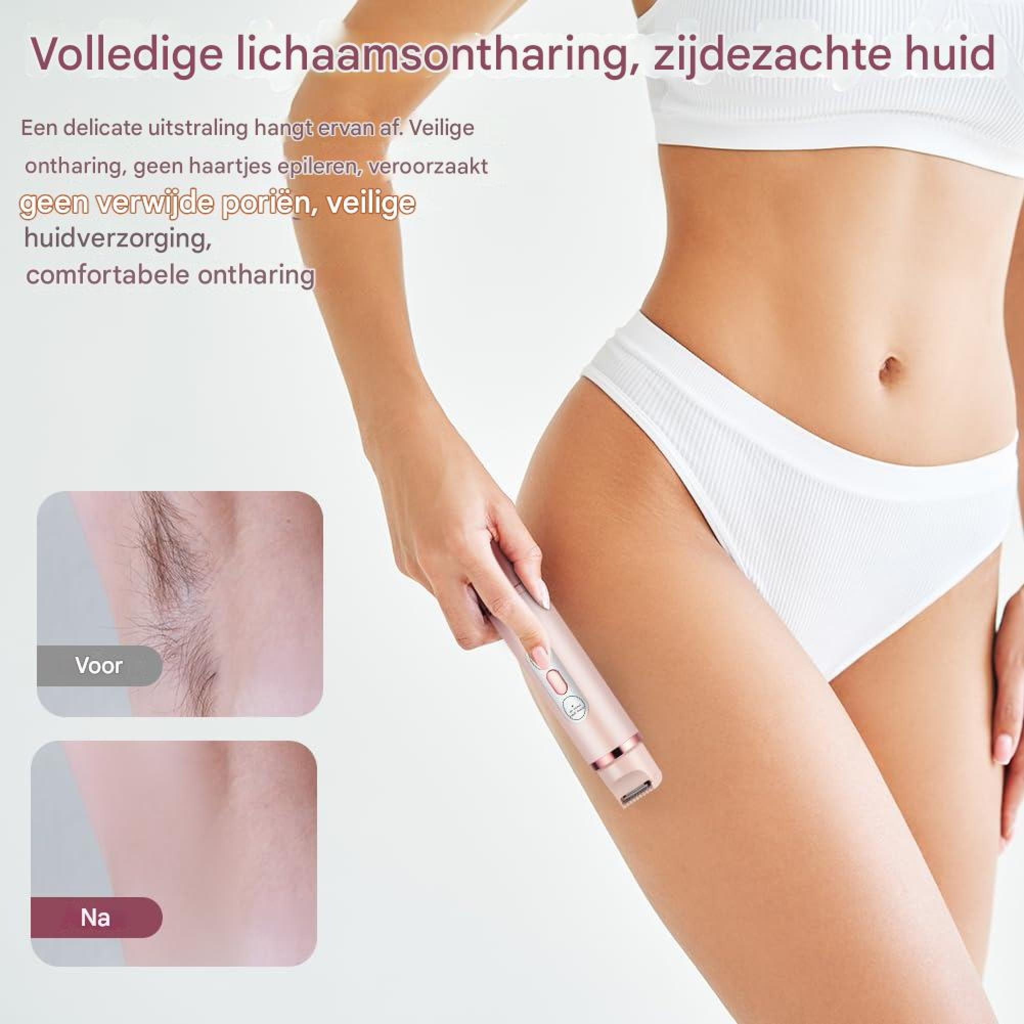 Frau mit Rasierer für Körperhaarentfernung, Vorher/Nachher-Bilder.