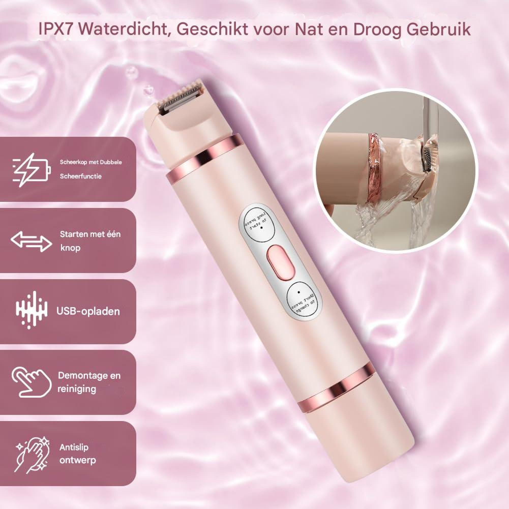 Ein rosa Rasierer mit Funktionen wie USB-Aufladung und Wasserdichtigkeit.