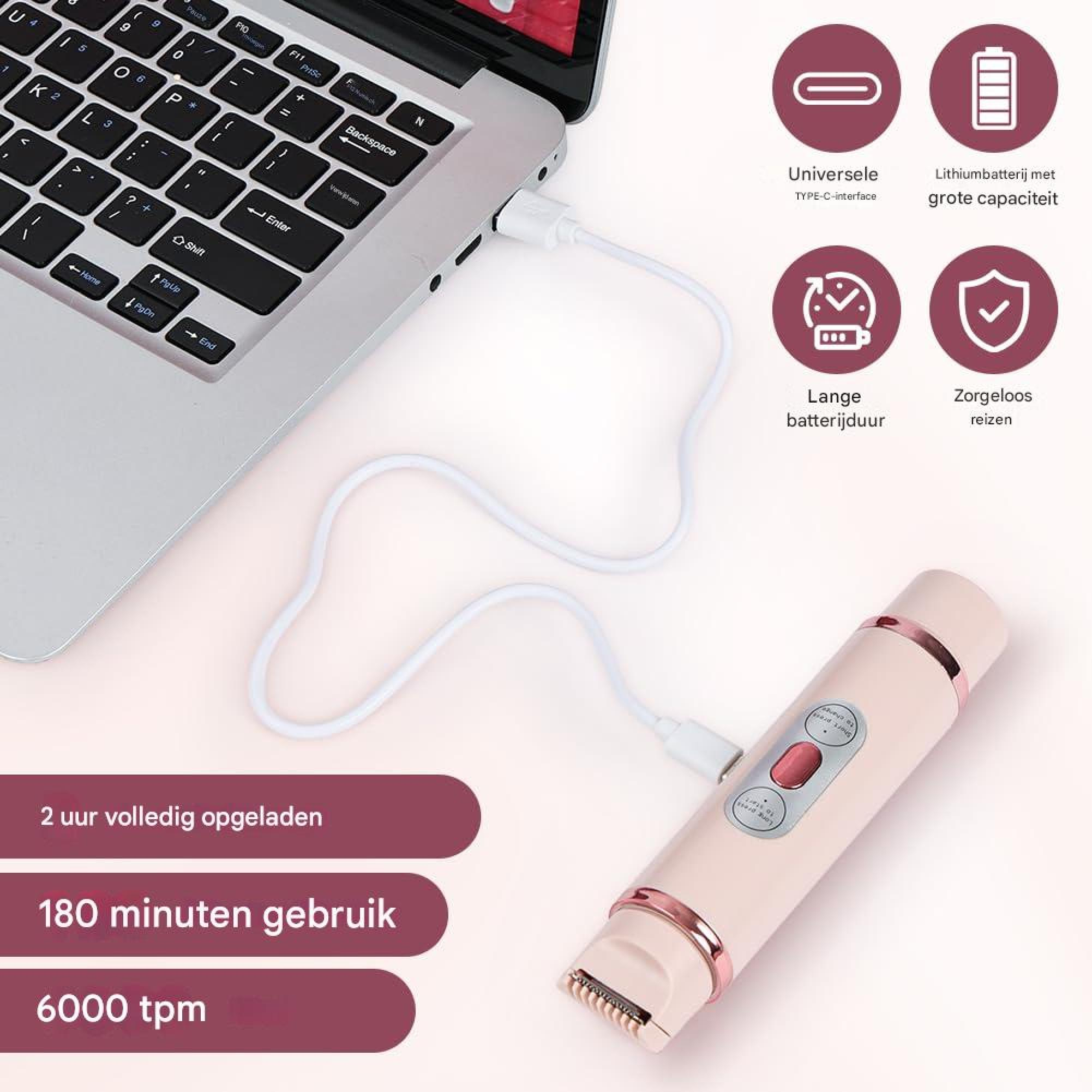 Ein pinkfarbener Rasierer wird über USB-C an einen Laptop angeschlossen.