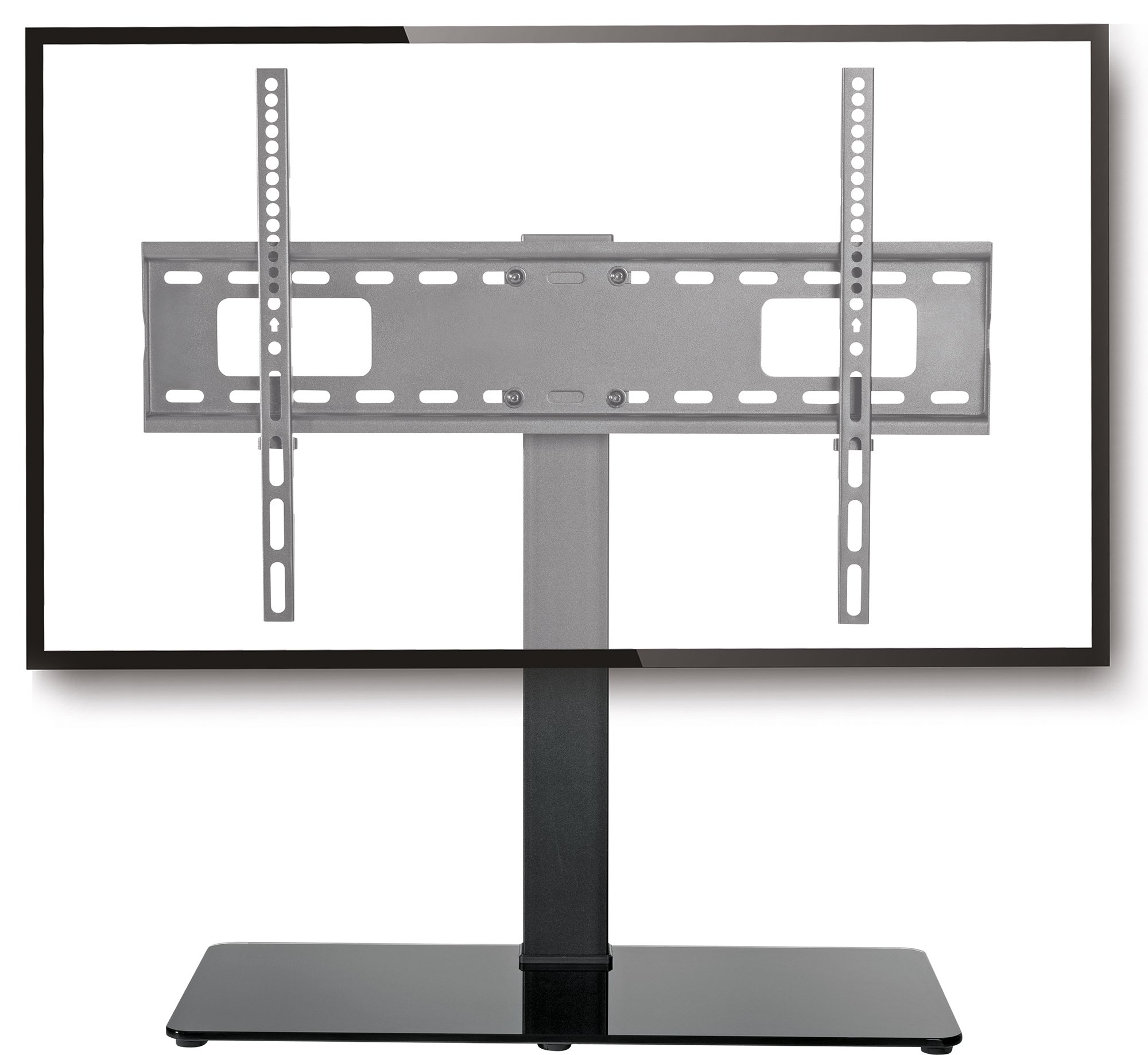 Ein freistehender TV-Ständer mit schwarzer Basis und silberner Halterung.