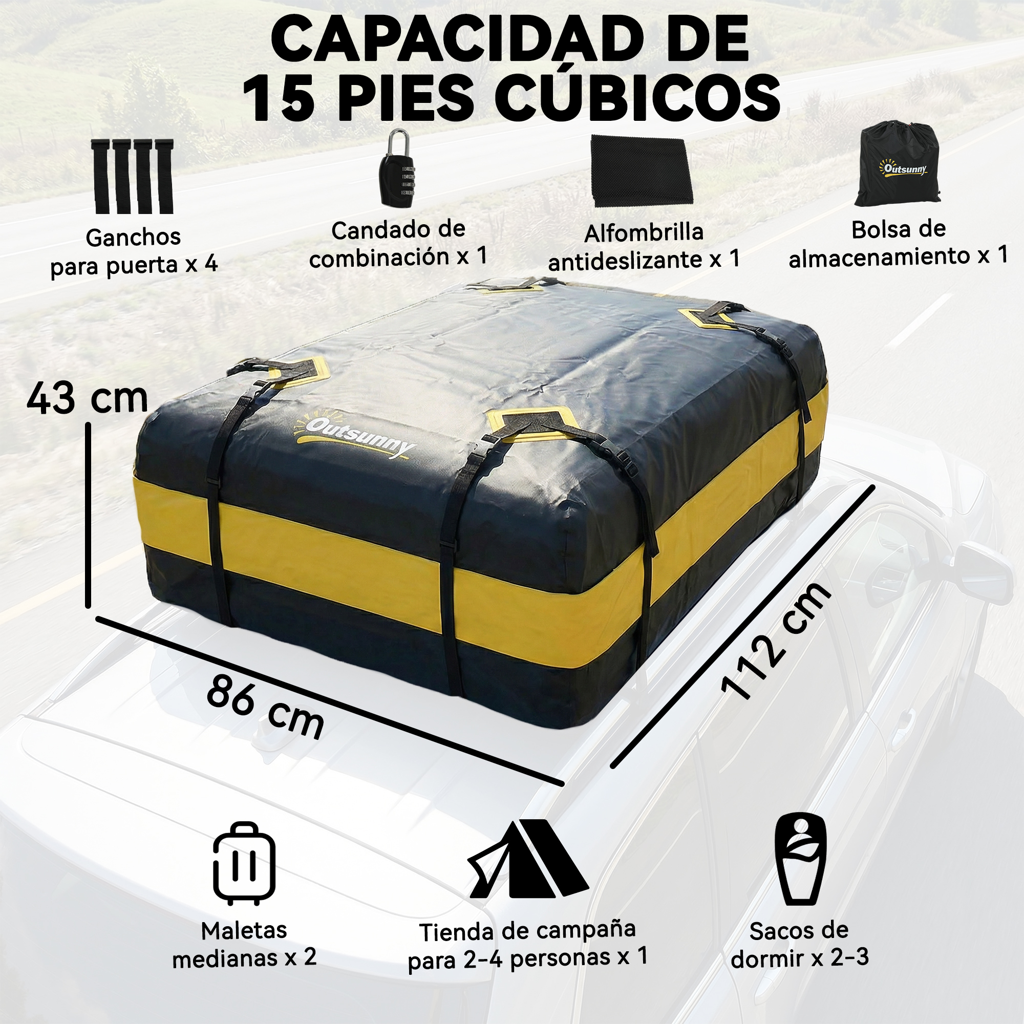 Portamaletas negro con rayas amarillas, 86x112x43cm, con accesorios.