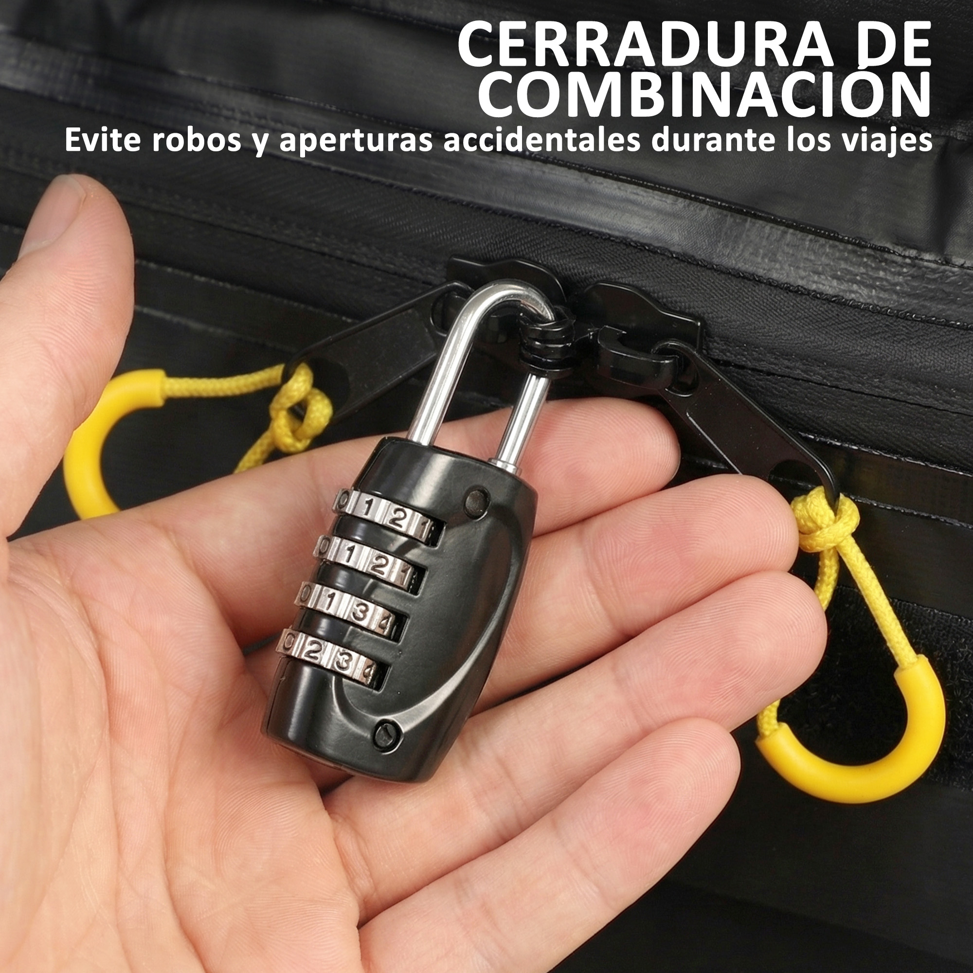 Mano sujetando un candado de combinación negro en cremallera negra con lazo amarillo.