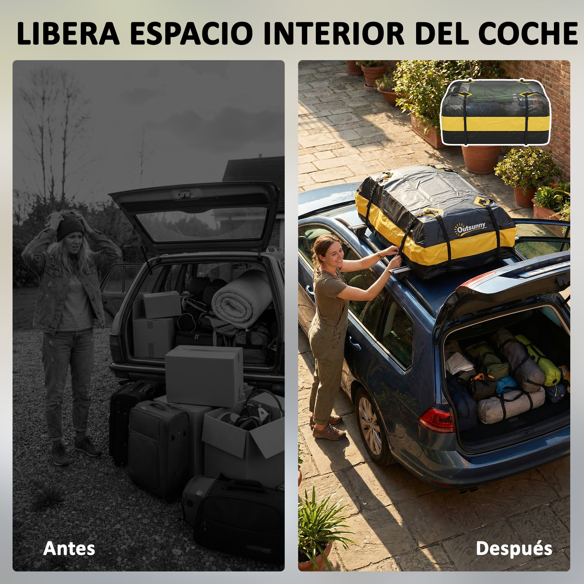 Antes: Mujer con equipaje junto a un coche lleno. Después: Mujer cargando cofre de techo.