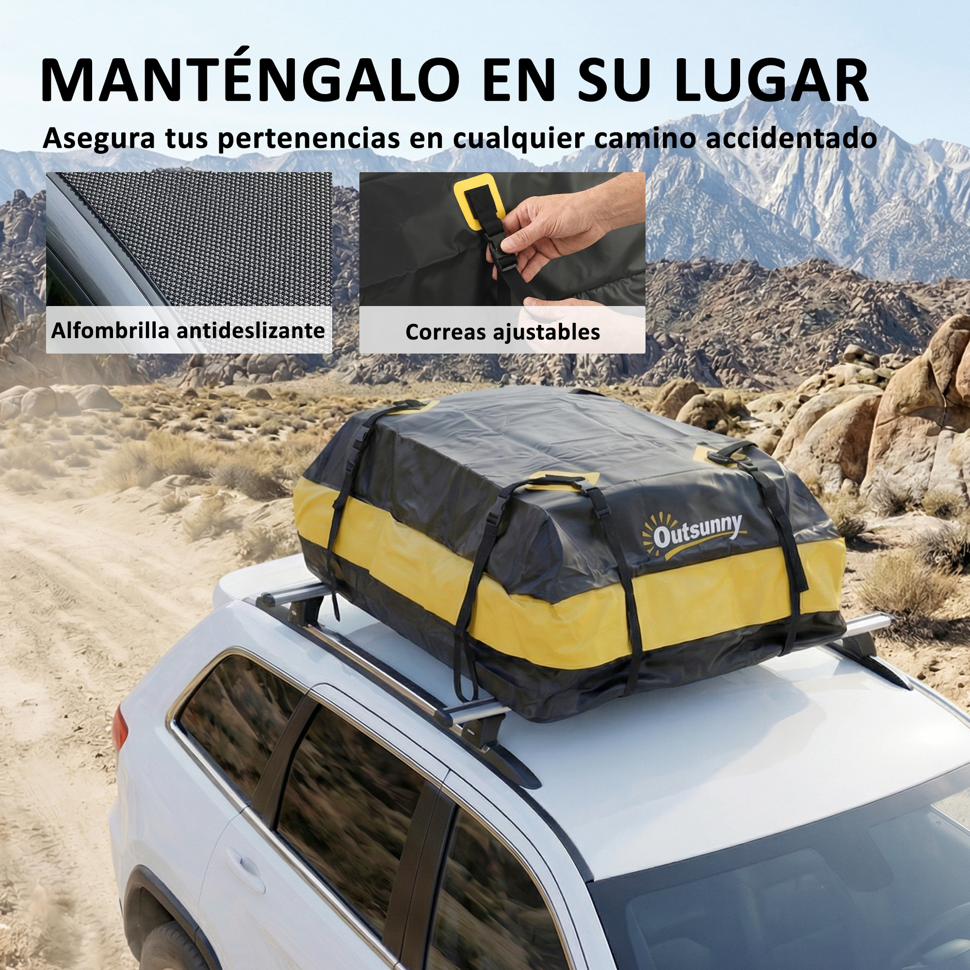 Un cofre de techo negro y amarillo asegurado en un coche blanco en paisaje rocoso y polvoriento.