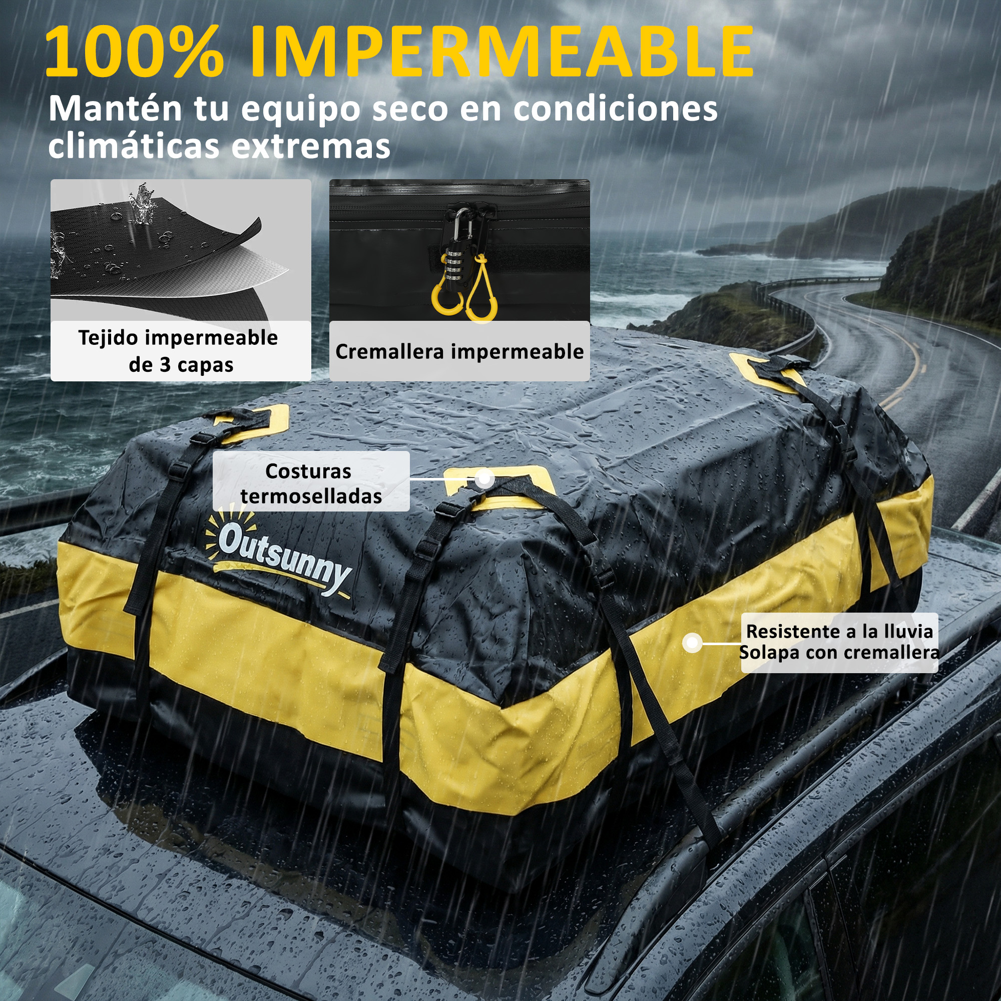 Bolsa de carga negra y amarilla para techo de coche con características impermeables.