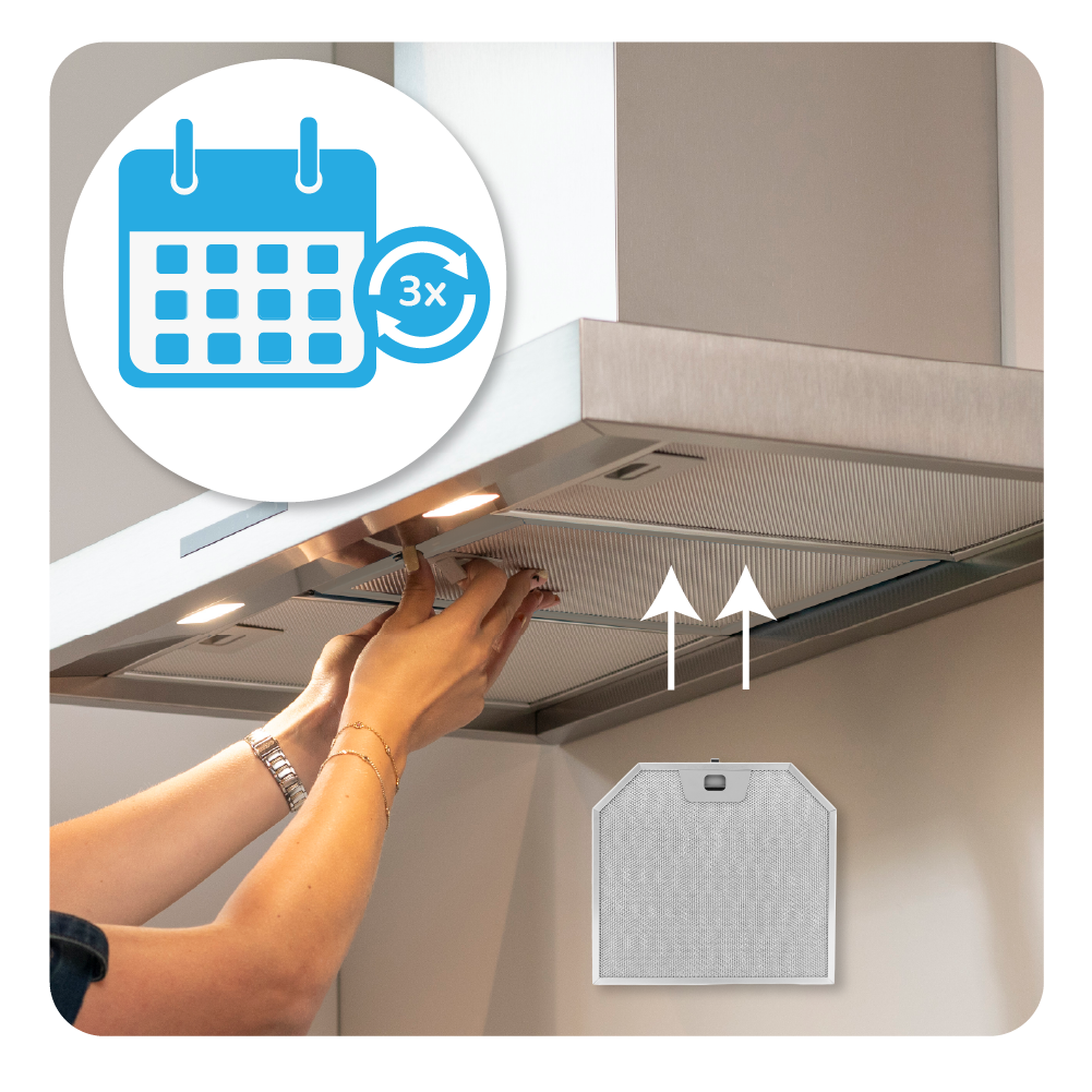 Hände tauschen einen Dunstabzugshaubenfilter aus. Kalenderikone mit 3x.