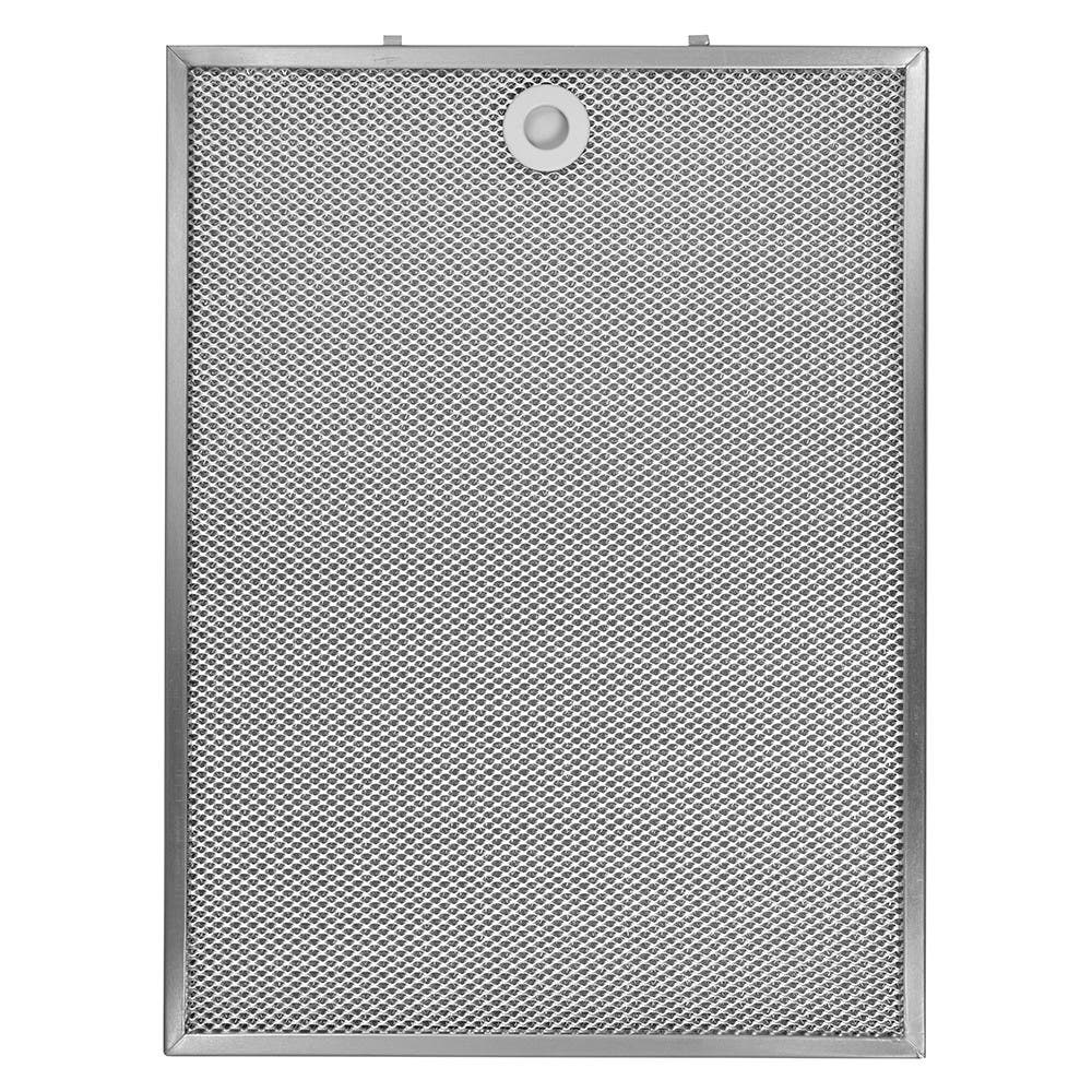 Un filtro metallico rettangolare con maglia fine e un fissaggio rotondo centrale.
