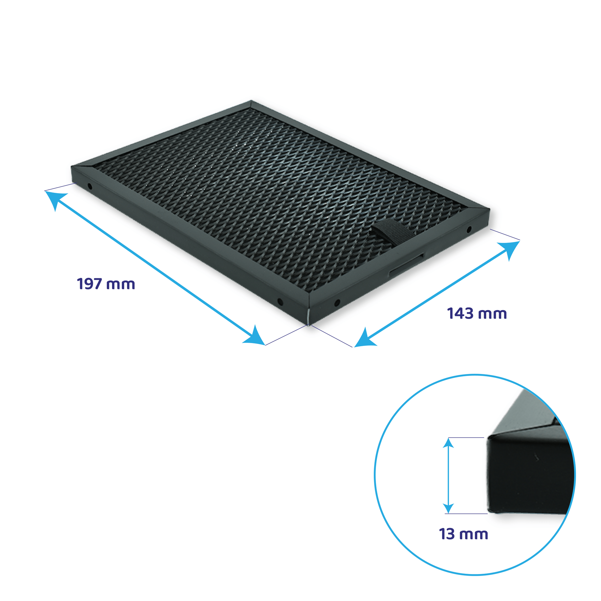 Schwarzer rechteckiger Filter mit Maßen 197x143x13 mm, mit Gitternetzmuster.