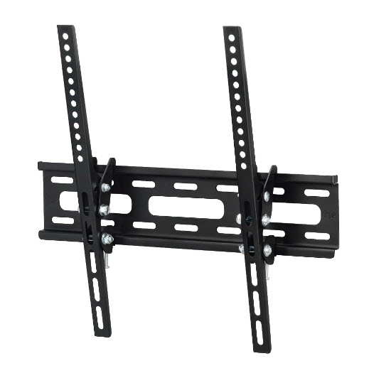 Un soporte de pared para TV negro con brazos ajustables y orificios de montaje.