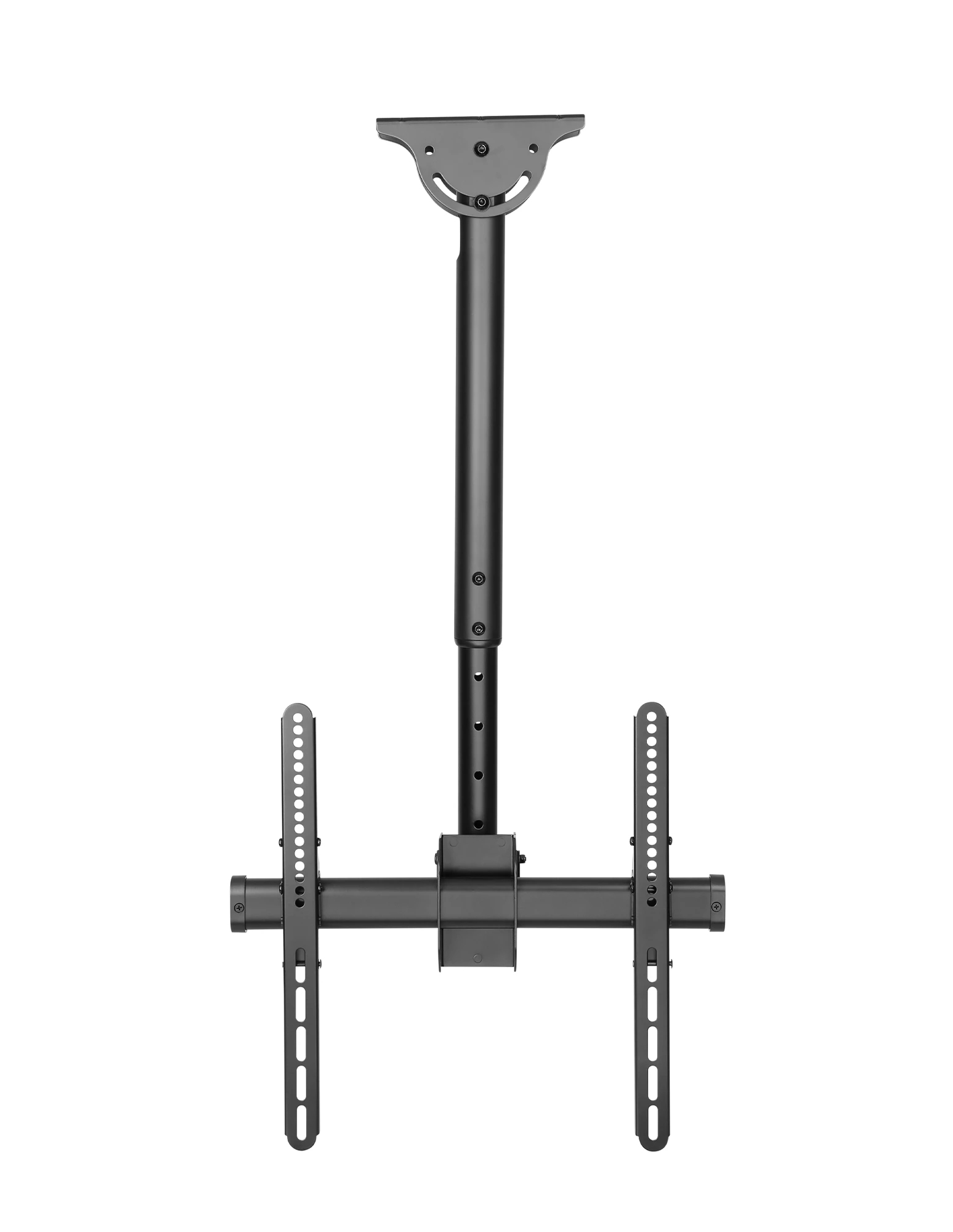 Soporte de techo negro para TV con brazo ajustable y placas VESA.