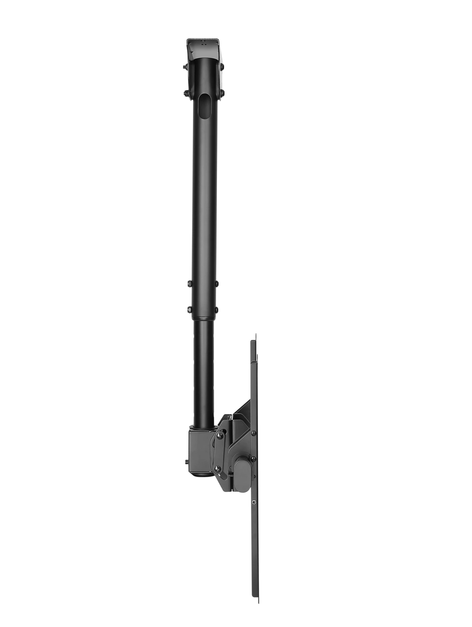 Soporte de techo negro con brazo ajustable y placa VESA.