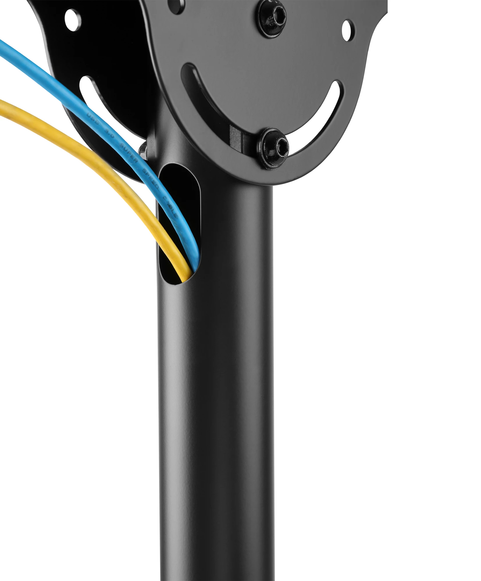 Brazo de metal negro con cable azul y amarillo que pasa por una abertura.