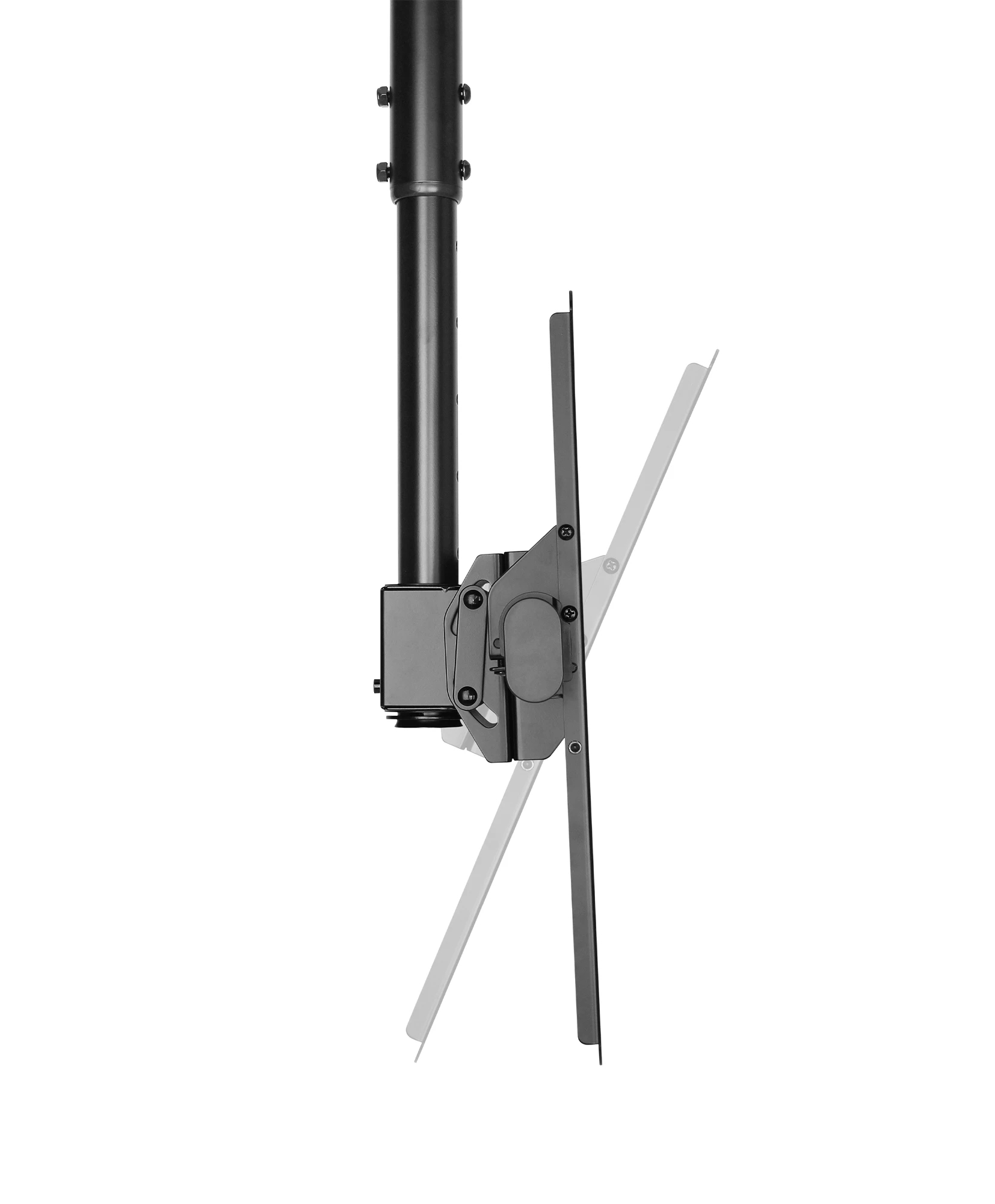 Un soporte de techo inclinable para TV, con poste de metal negro.