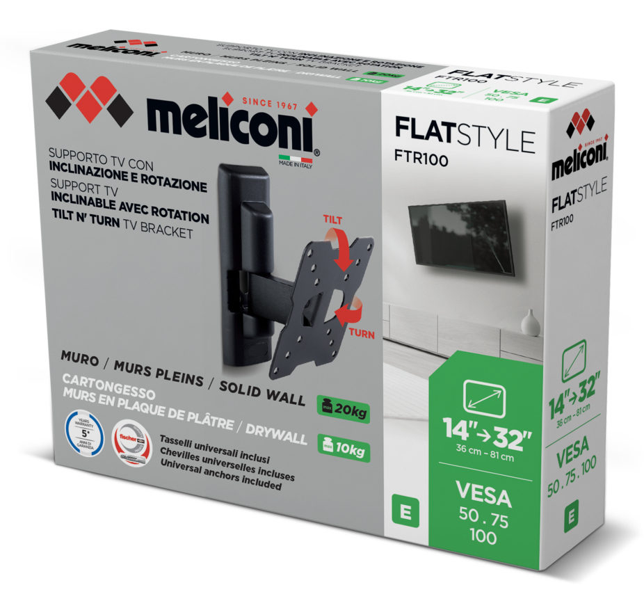 Confezione di un supporto TV da muro Meliconi, per TV 14-32", portata massima 20kg.