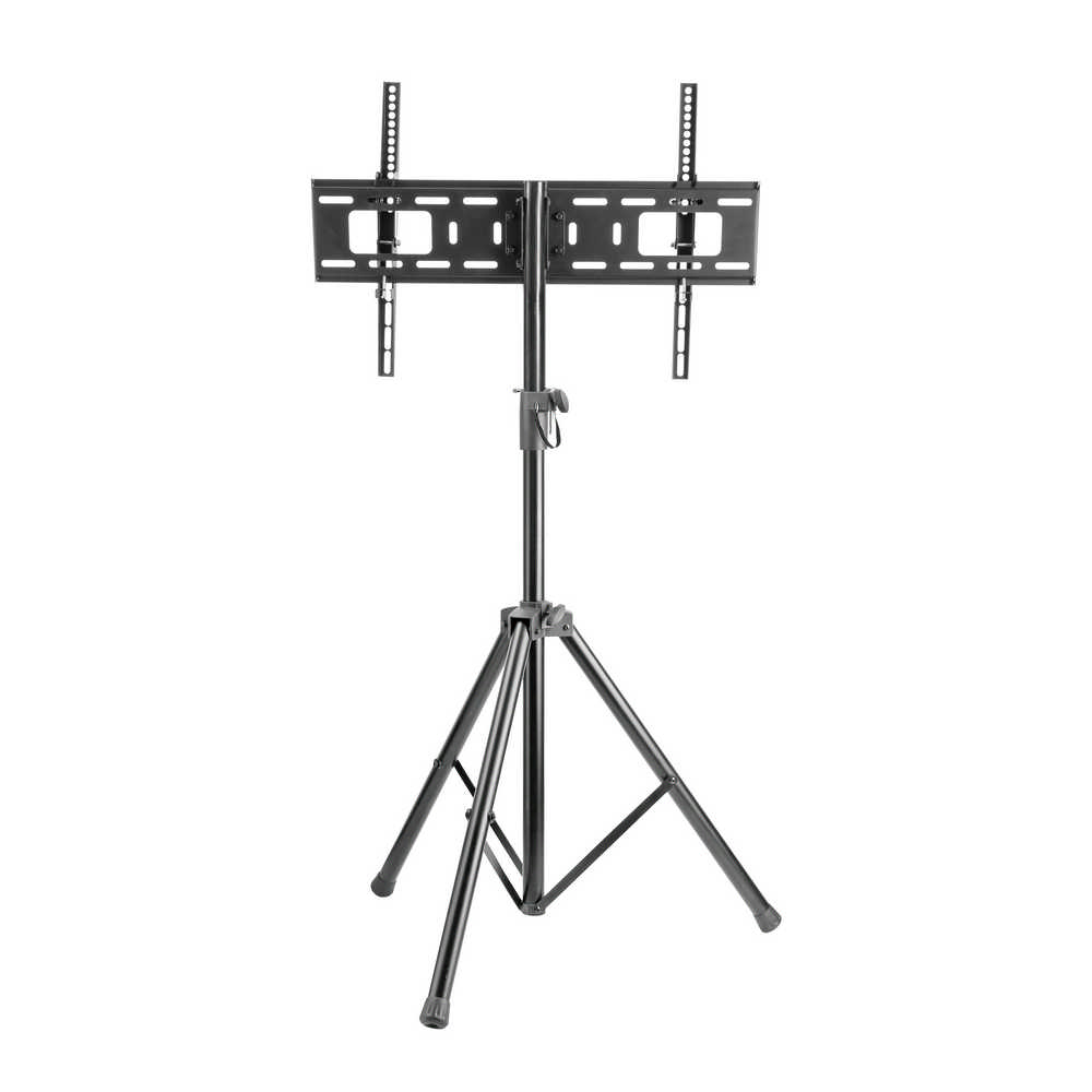 Supporto TV nero con due staffe su base a treppiede.
