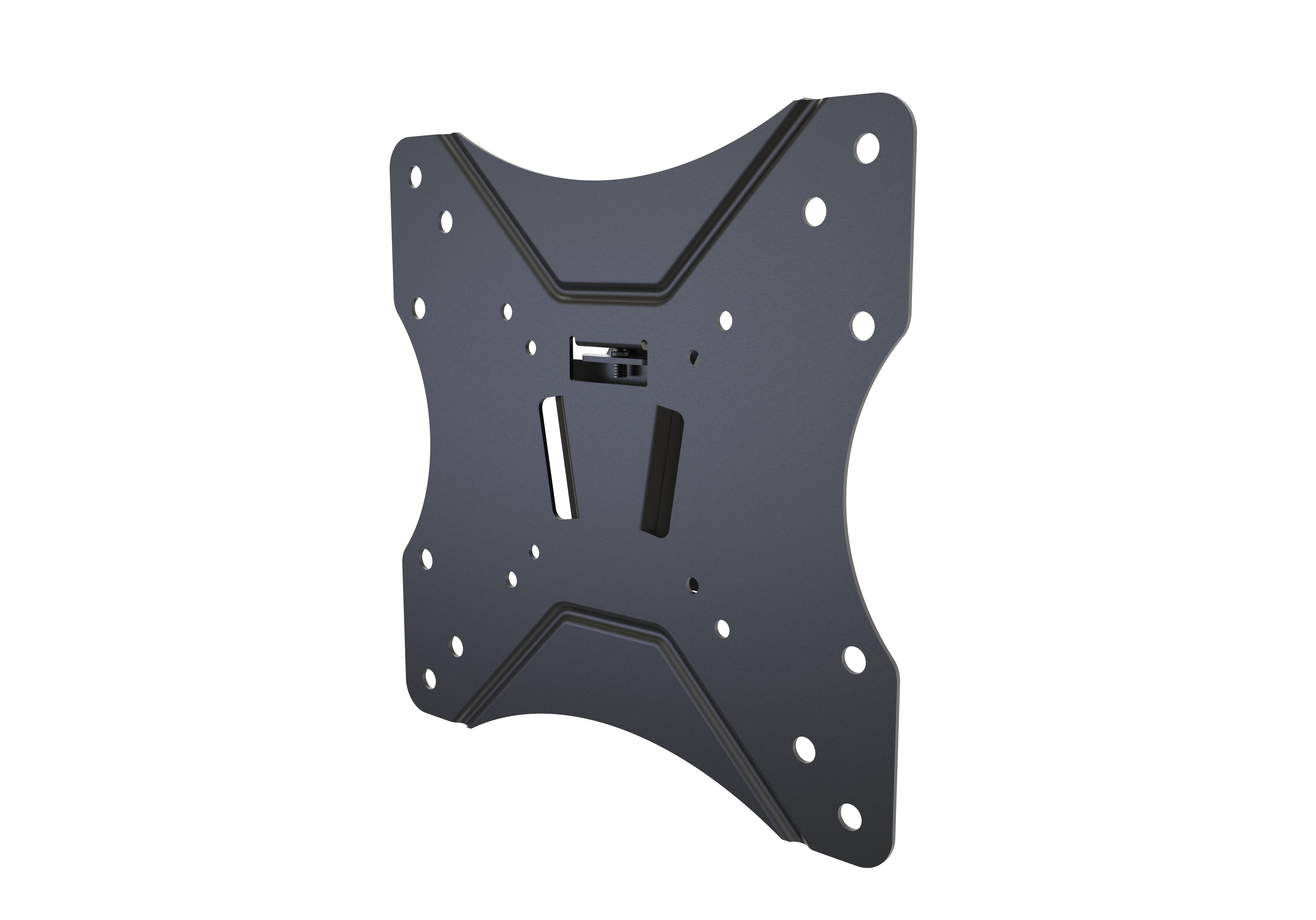 Soporte de pared negro para TV con múltiples orificios y mecanismo central.