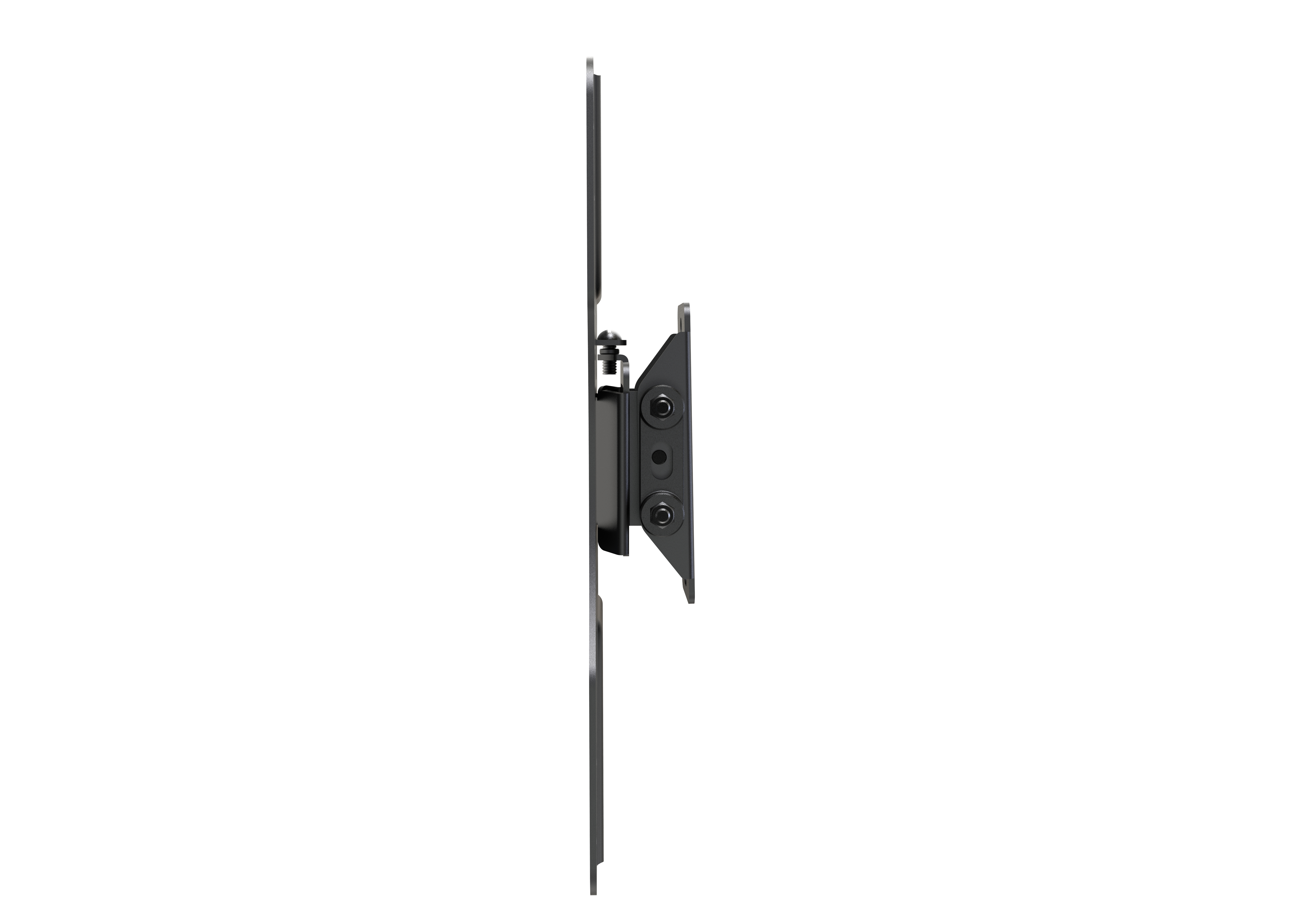Un soporte de pared para TV giratorio de metal negro visto de lado.