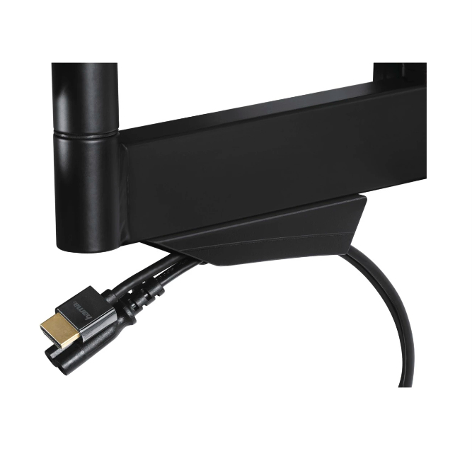 Brazo de monitor negro con cable HDMI y conector Hama, sobre fondo blanco.