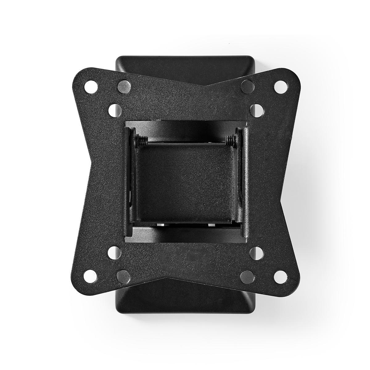 Un support de moniteur noir et rectangulaire avec fixation VESA et de nombreux trous.