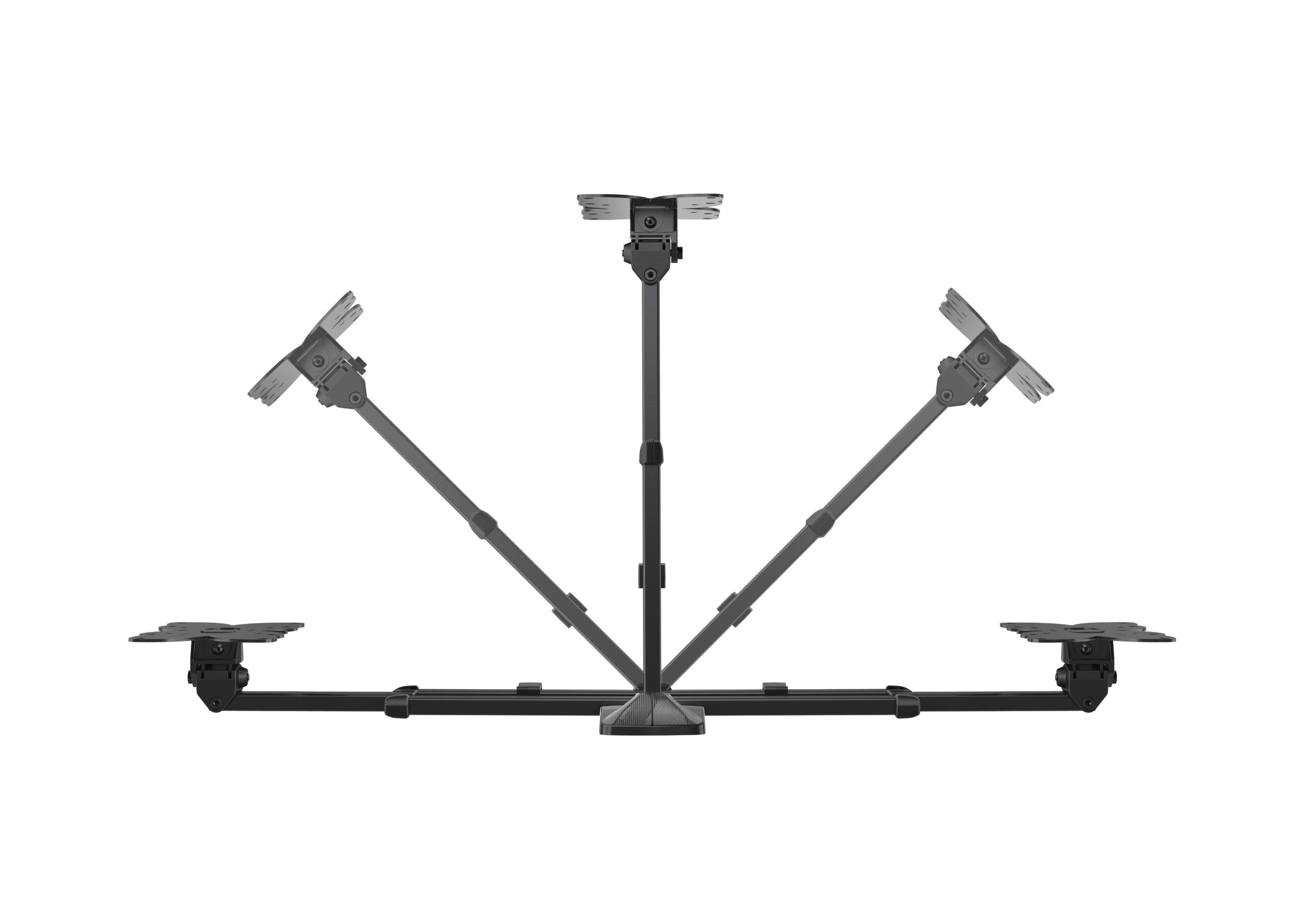 Un supporto da soffitto nero per schermo mostrato in tre posizioni.