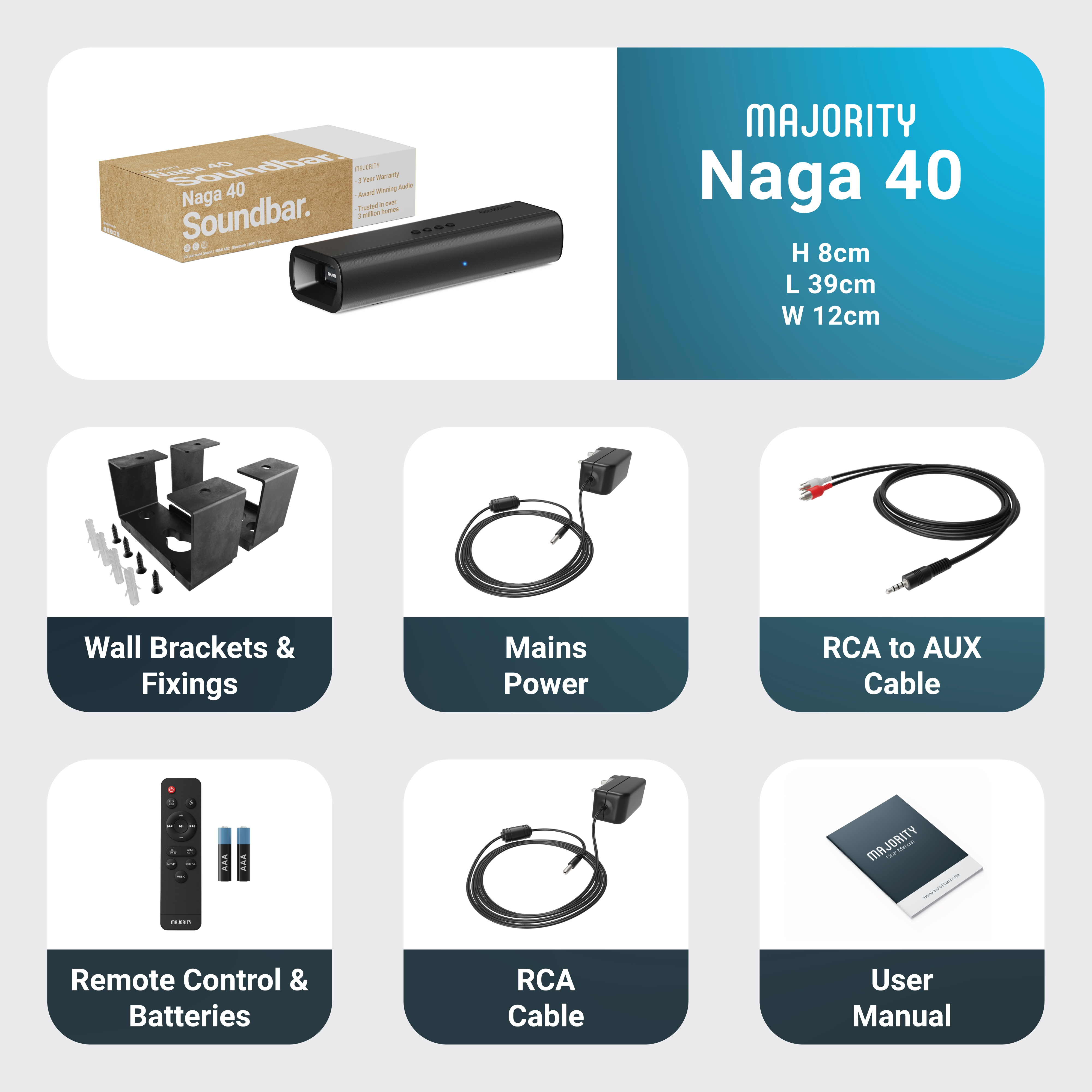 Majority Naga 40 Soundbar mit Zubehör: Wandhalterungen, Strom, Kabel, Fernbedienung, Handbuch.