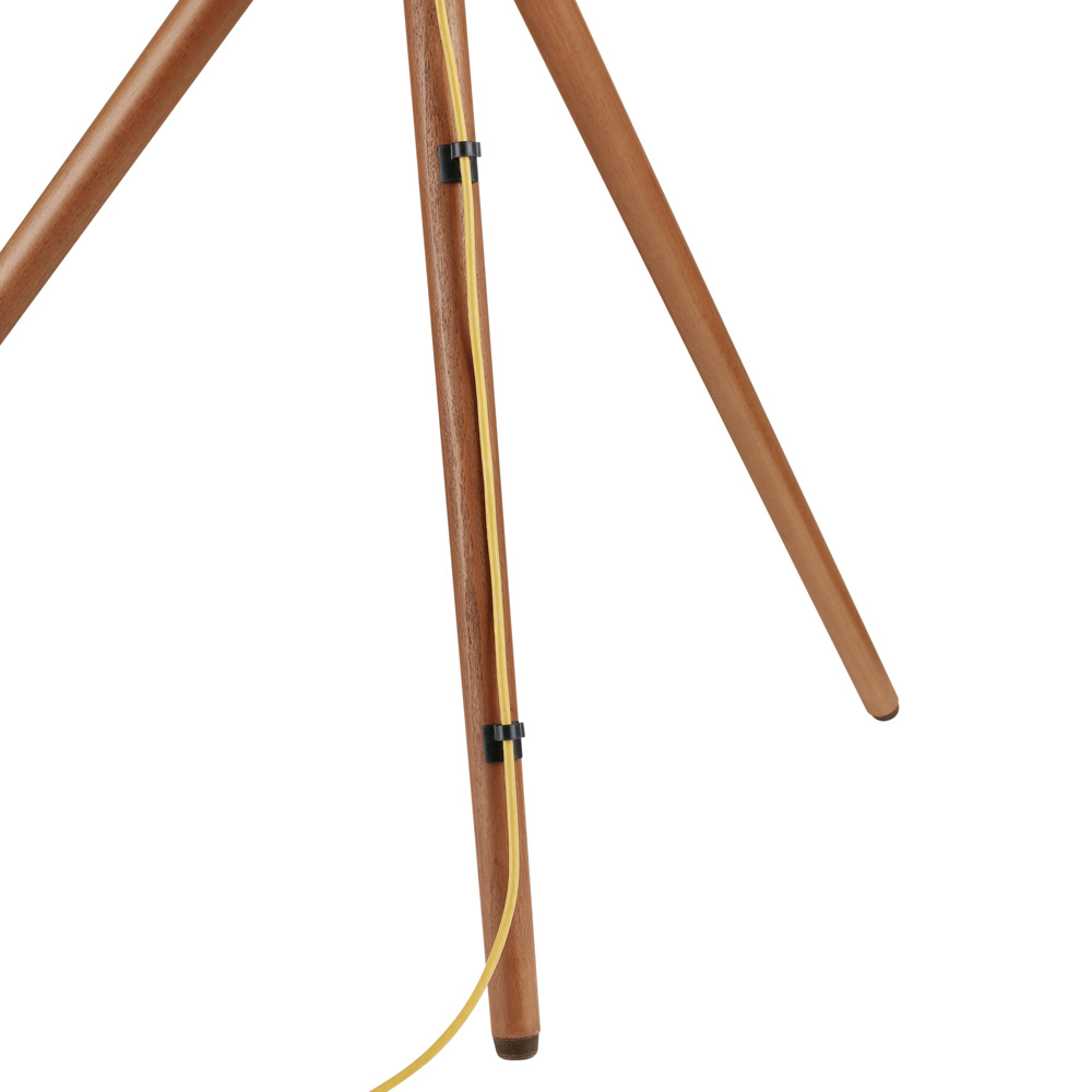 Gambe di treppiede in legno con cavo giallo e clip nere.