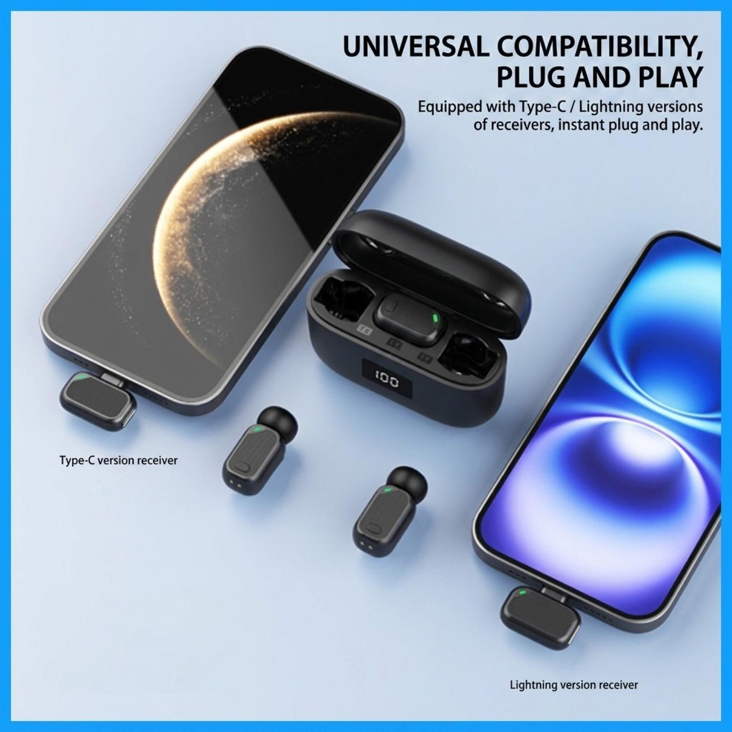 Zwei Smartphones mit angeschlossenen Empfängern und einem Ladecase für Ohrhörer.