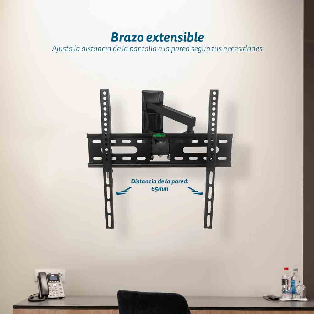 Soporte de pared extensible negro, muestra 65mm de distancia a la pared.