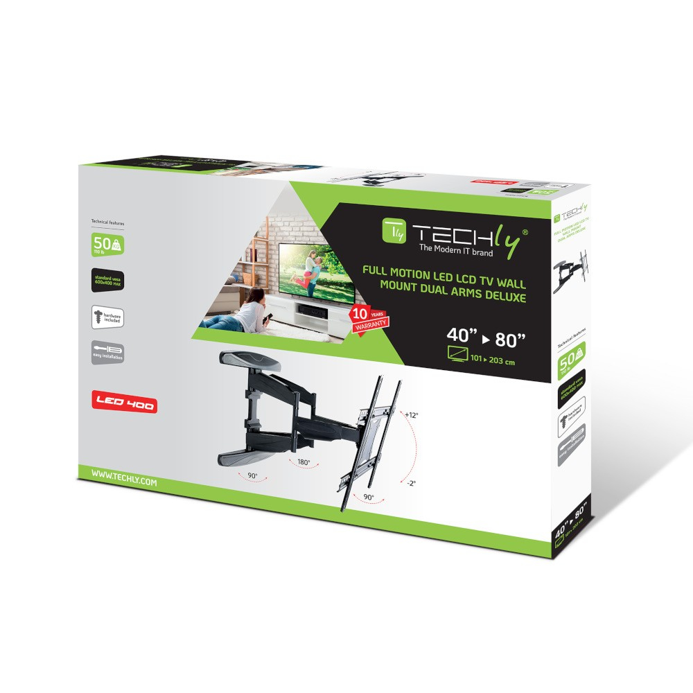 Verpackung für TV-Wandhalterung: TECHLY, 50lb, 40-80 Zoll, 10 Jahre Garantie.