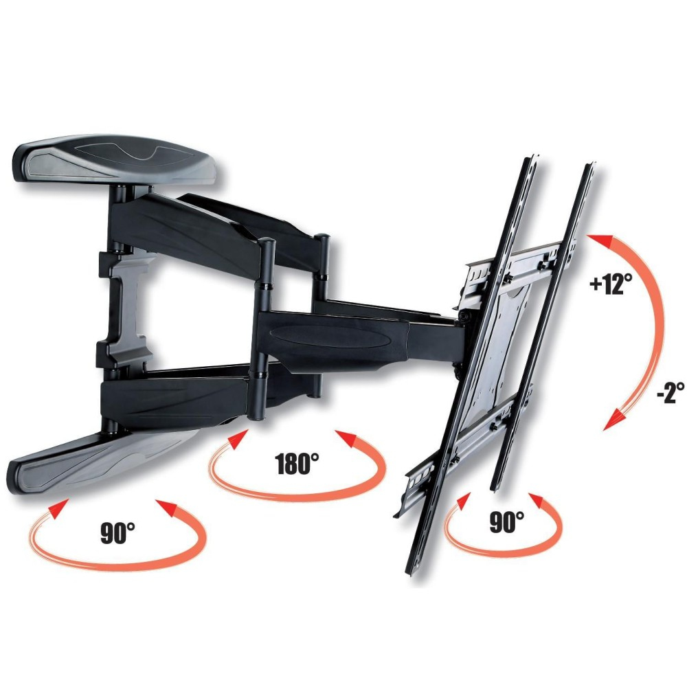 Schwarze TV-Wandhalterung mit Gelenkarmen, die 90°, 180° und +/-12°/ -2° Drehung anzeigen.