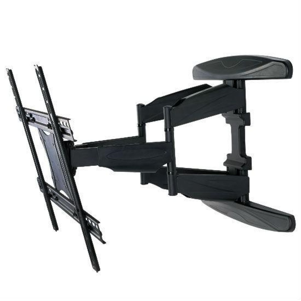 Schwarze, verstellbare Wandhalterung für Fernseher mit mehreren Gelenkarmen und einer VESA-Platte.