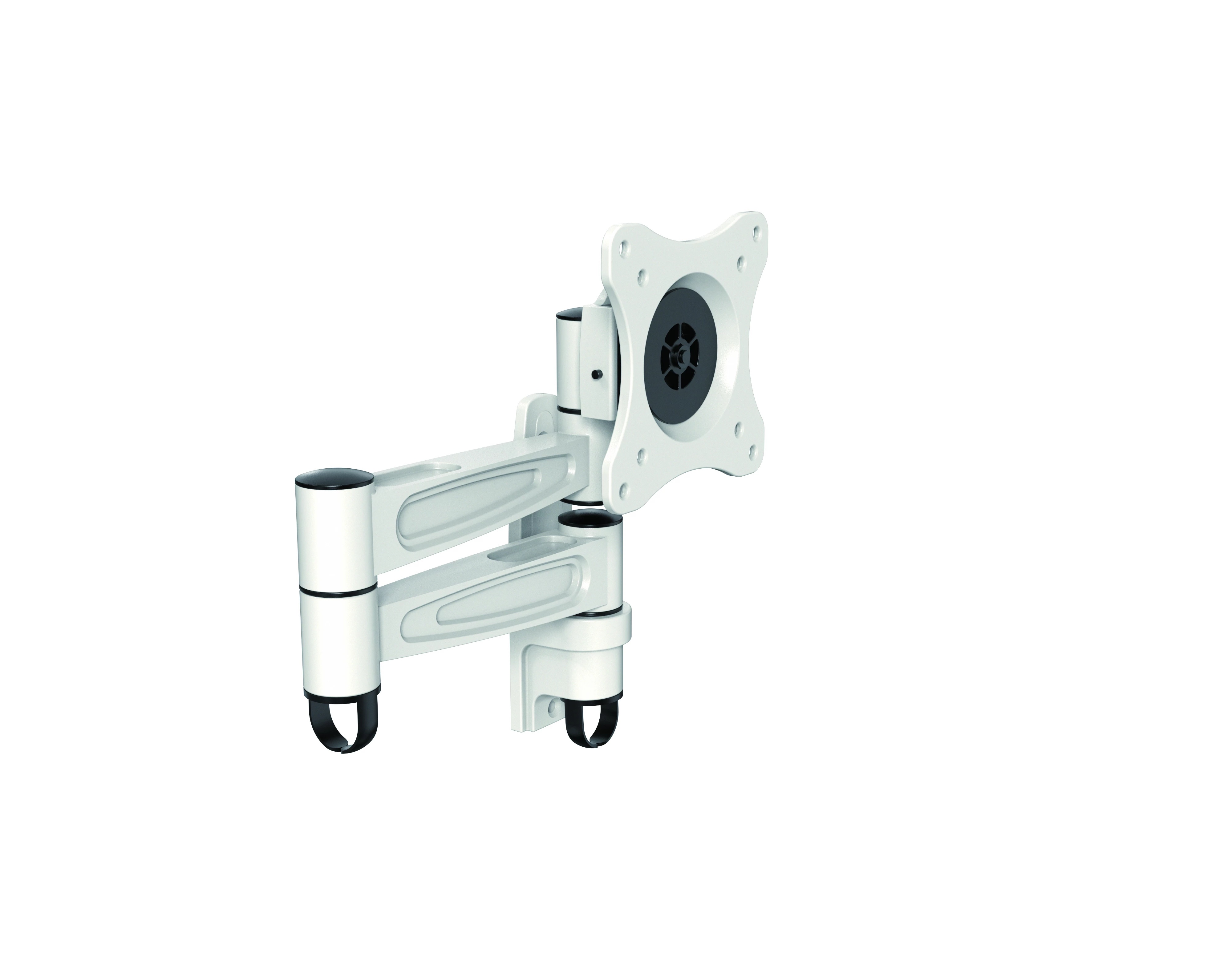 Un brazo articulado blanco para monitor con soporte negro para un monitor.