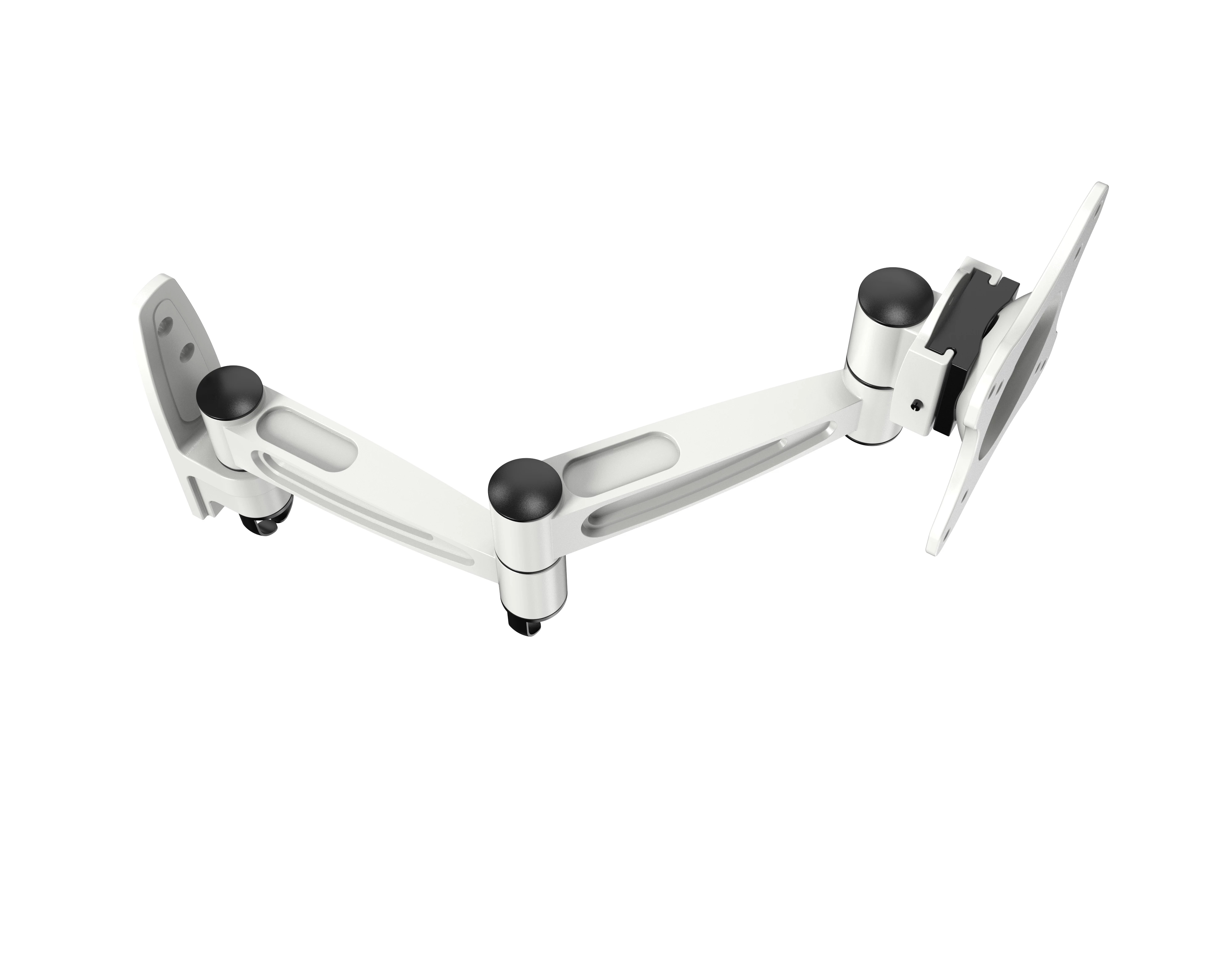 Un brazo de monitor blanco y ajustable con puntos de pivote negros y soporte VESA.
