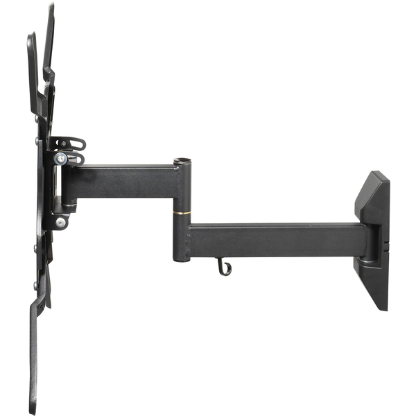 Soporte de pared para TV negro con brazo articulado extensible.