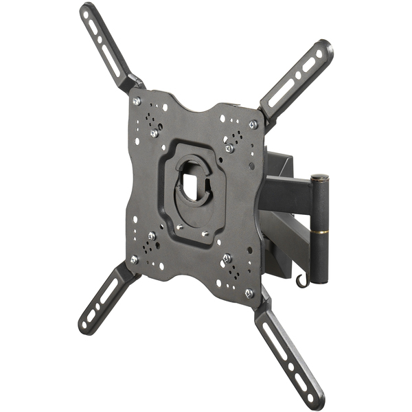 Soporte de pared para TV negro con brazo articulado extensible.