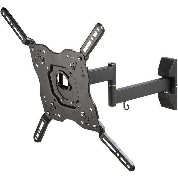 Soporte de pared para TV negro ajustable con brazo extensible y gancho.