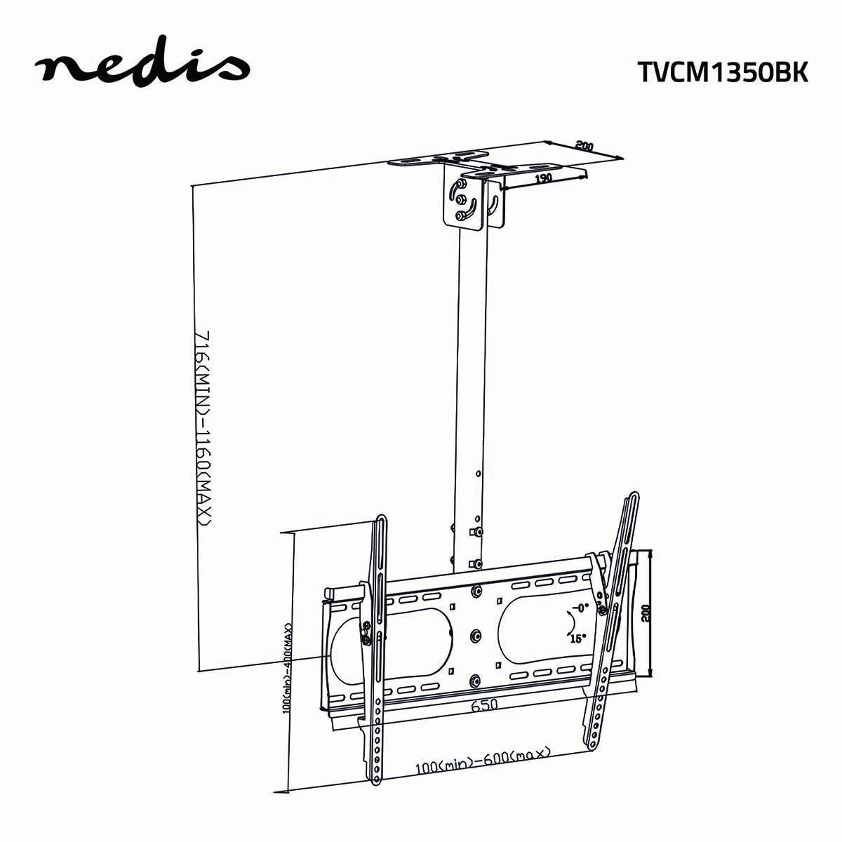 Disegno tecnico di un supporto TV da soffitto con dimensioni.