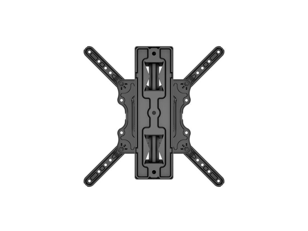 Supporto da parete TV nero con bracci regolabili e fori.