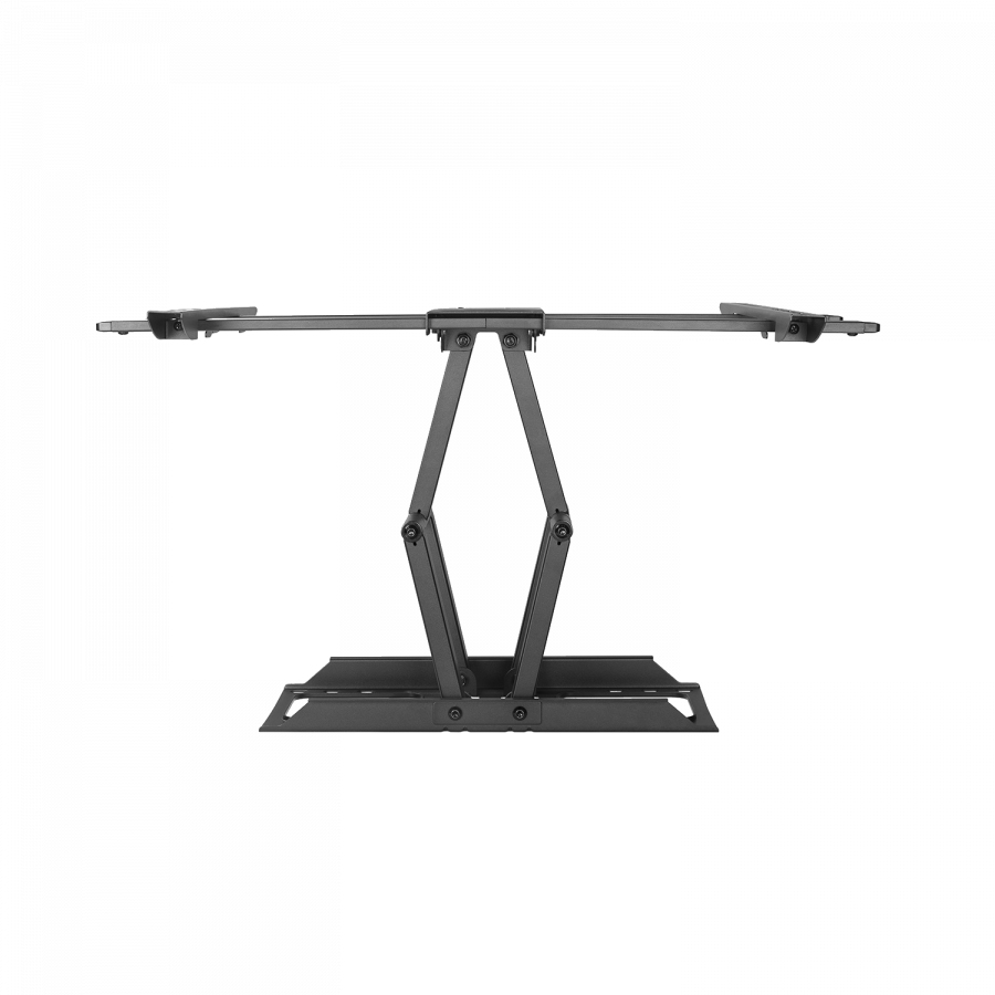 Un soporte metálico oscuro tipo tijera con brazos horizontales y base.