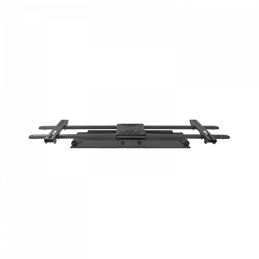 Un slider de cámara de metal negro con rieles y un soporte.